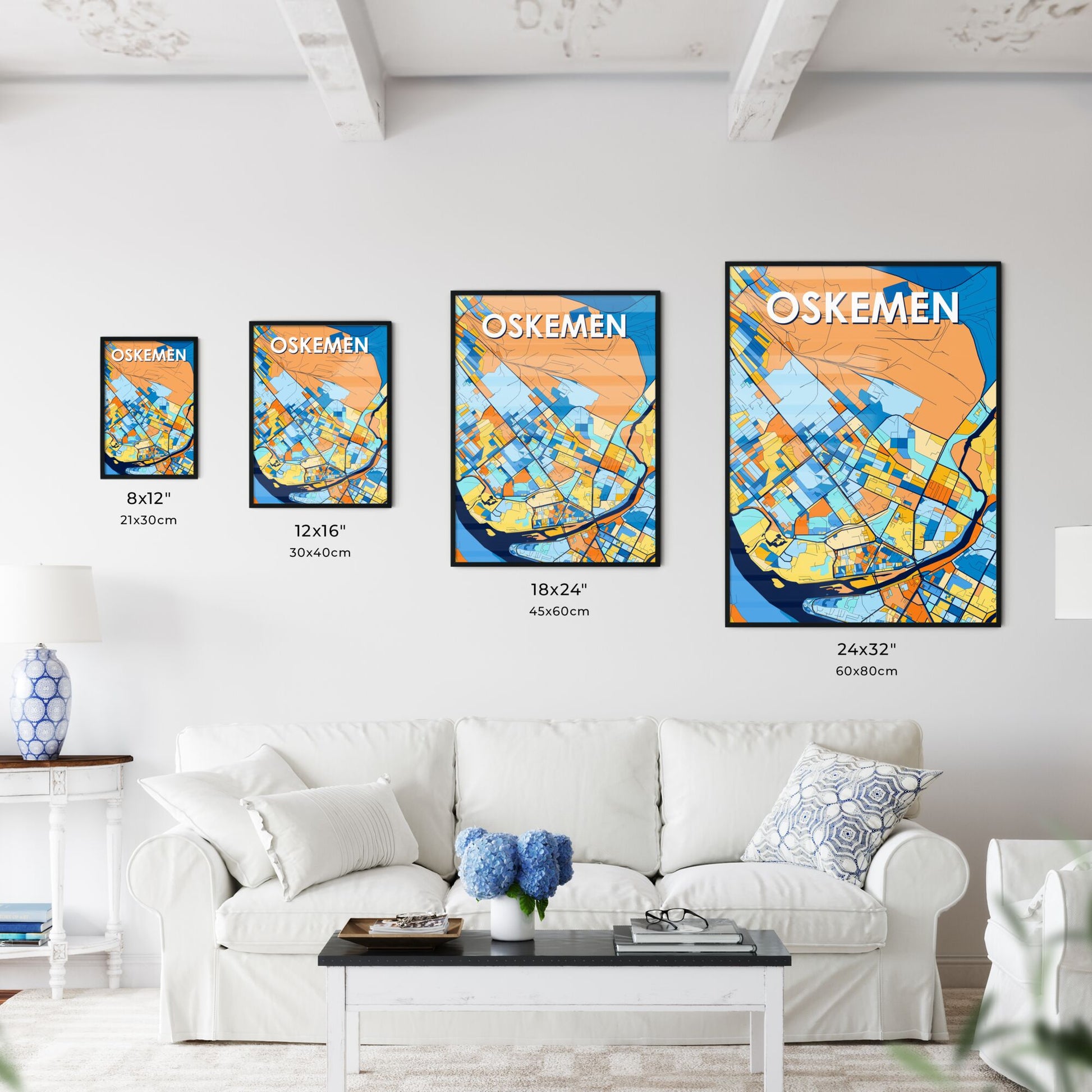 OSKEMEN KAZAKHSTAN Vibrant Colorful Art Map Poster Blue Orange