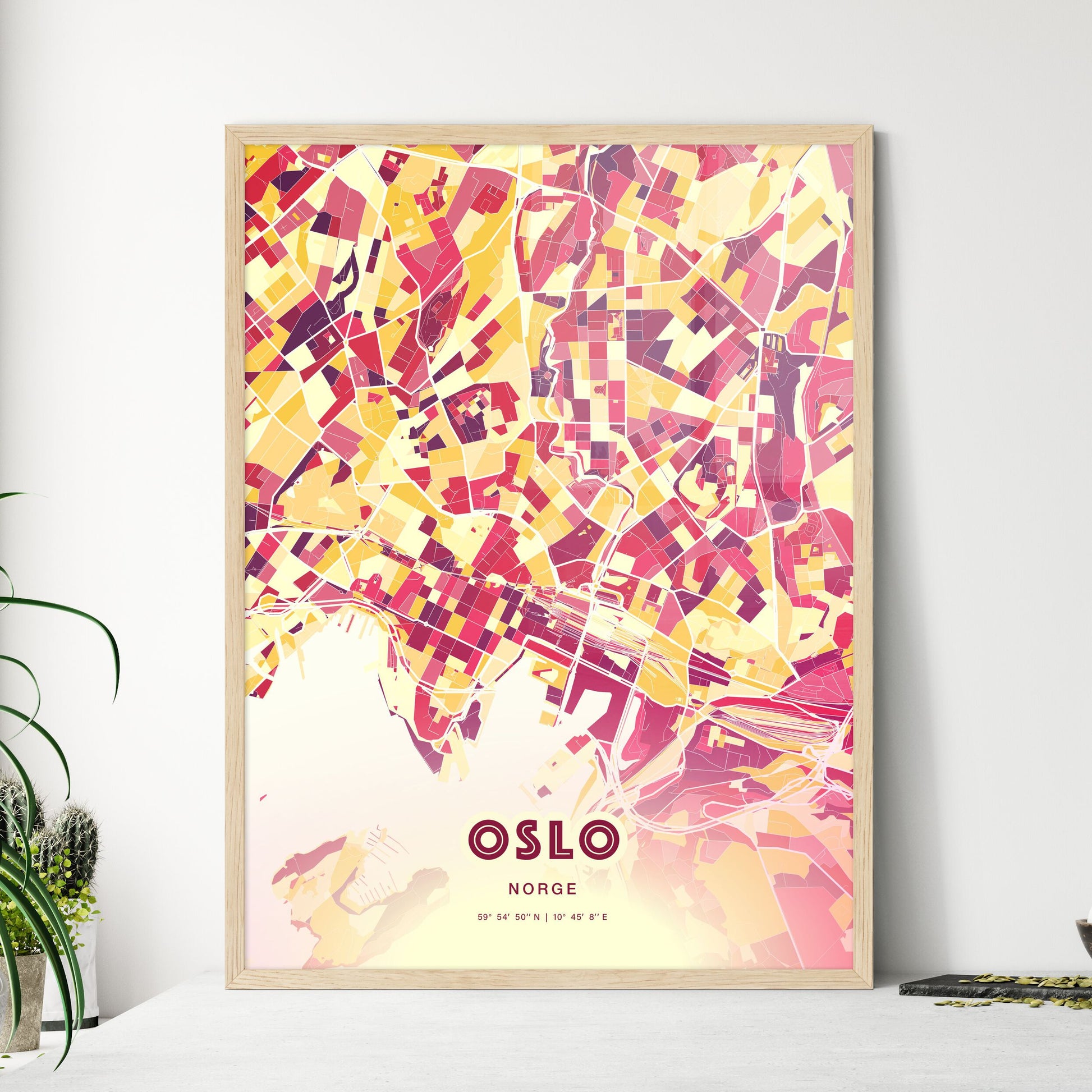 Colorful Oslo Norway Fine Art Map Hot Red