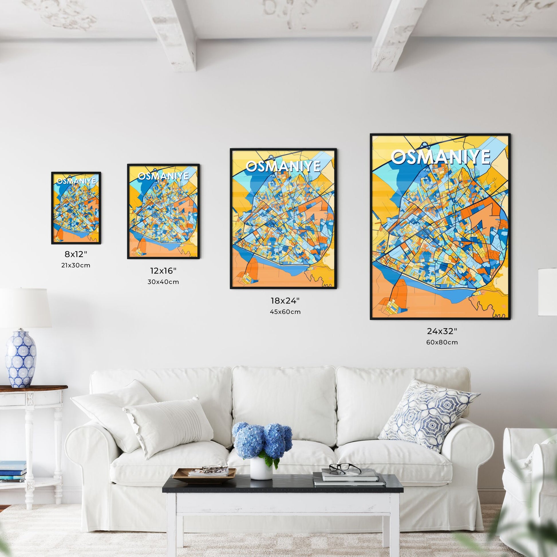OSMANIYE TURKEY Vibrant Colorful Art Map Poster Blue Orange