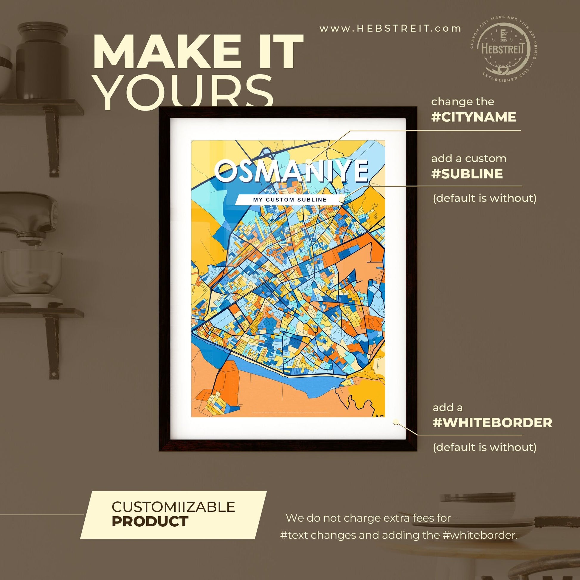 OSMANIYE TURKEY Vibrant Colorful Art Map Poster Blue Orange