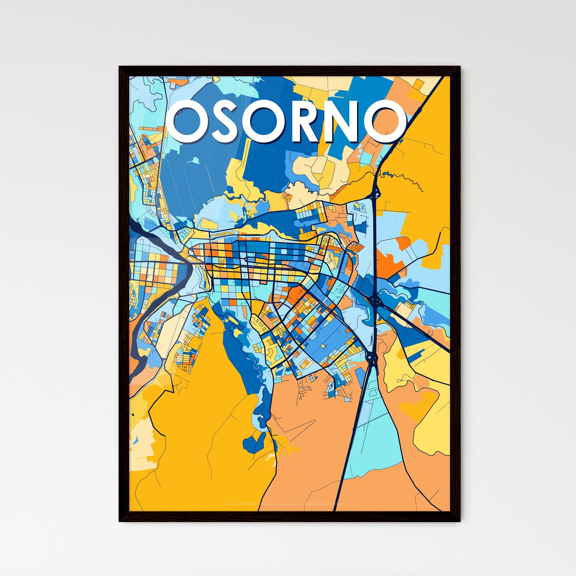 OSORNO CHILE Vibrant Colorful Art Map Poster Blue Orange