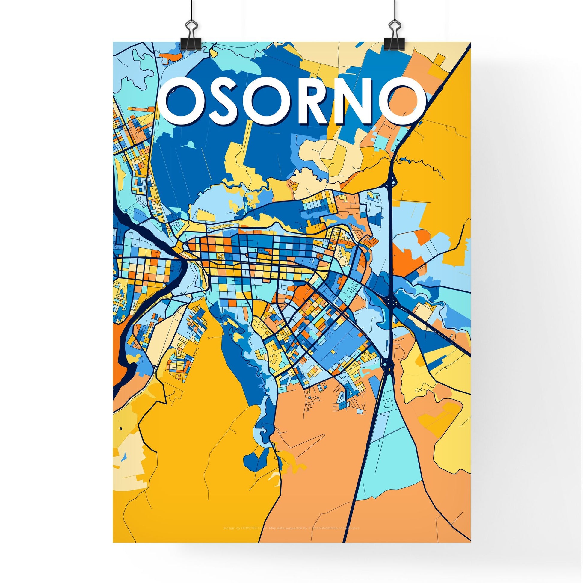 OSORNO CHILE Vibrant Colorful Art Map Poster Blue Orange