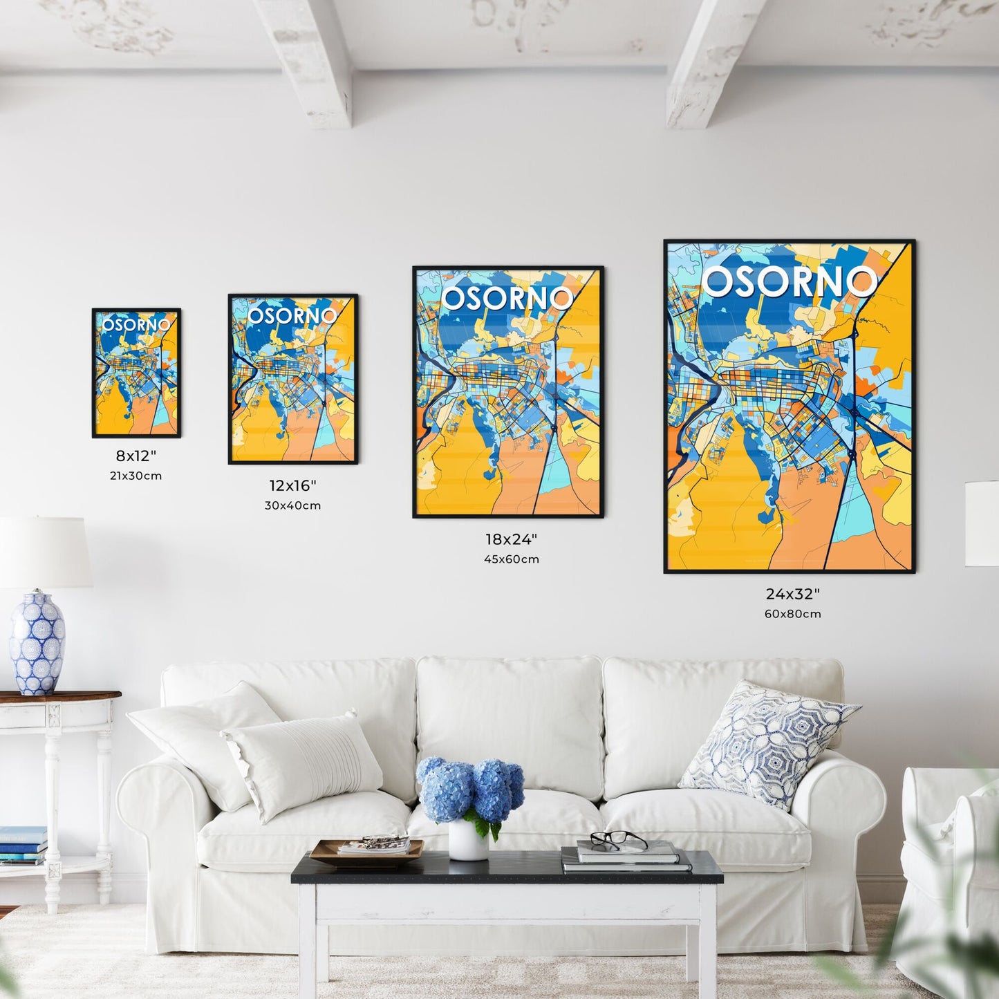 OSORNO CHILE Vibrant Colorful Art Map Poster Blue Orange