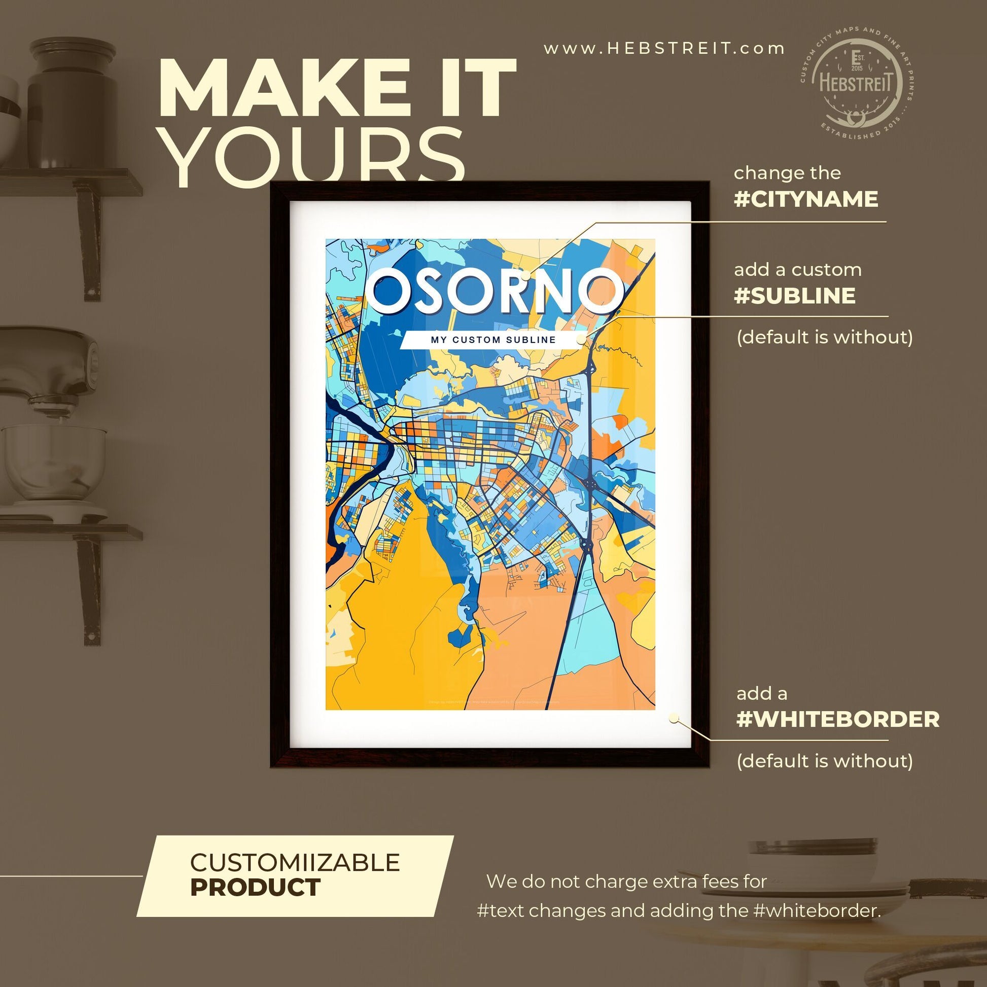 OSORNO CHILE Vibrant Colorful Art Map Poster Blue Orange