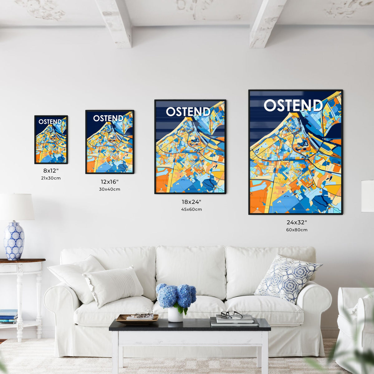 OSTEND BELGIUM Vibrant Colorful Art Map Poster Blue Orange