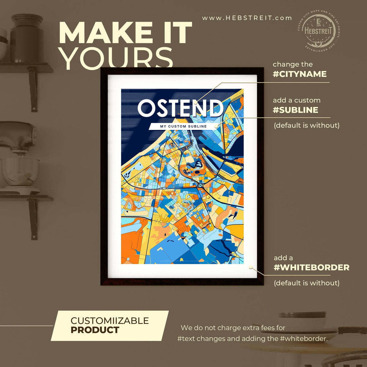 OSTEND BELGIUM Vibrant Colorful Art Map Poster Blue Orange