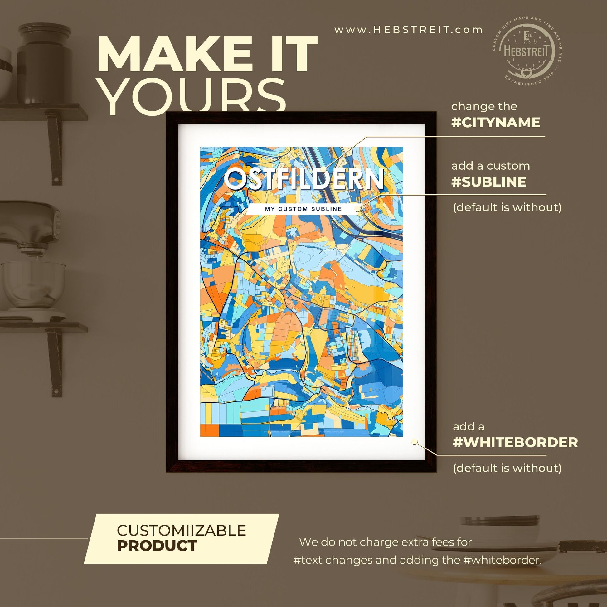 OSTFILDERN GERMANY Vibrant Colorful Art Map Poster Blue Orange