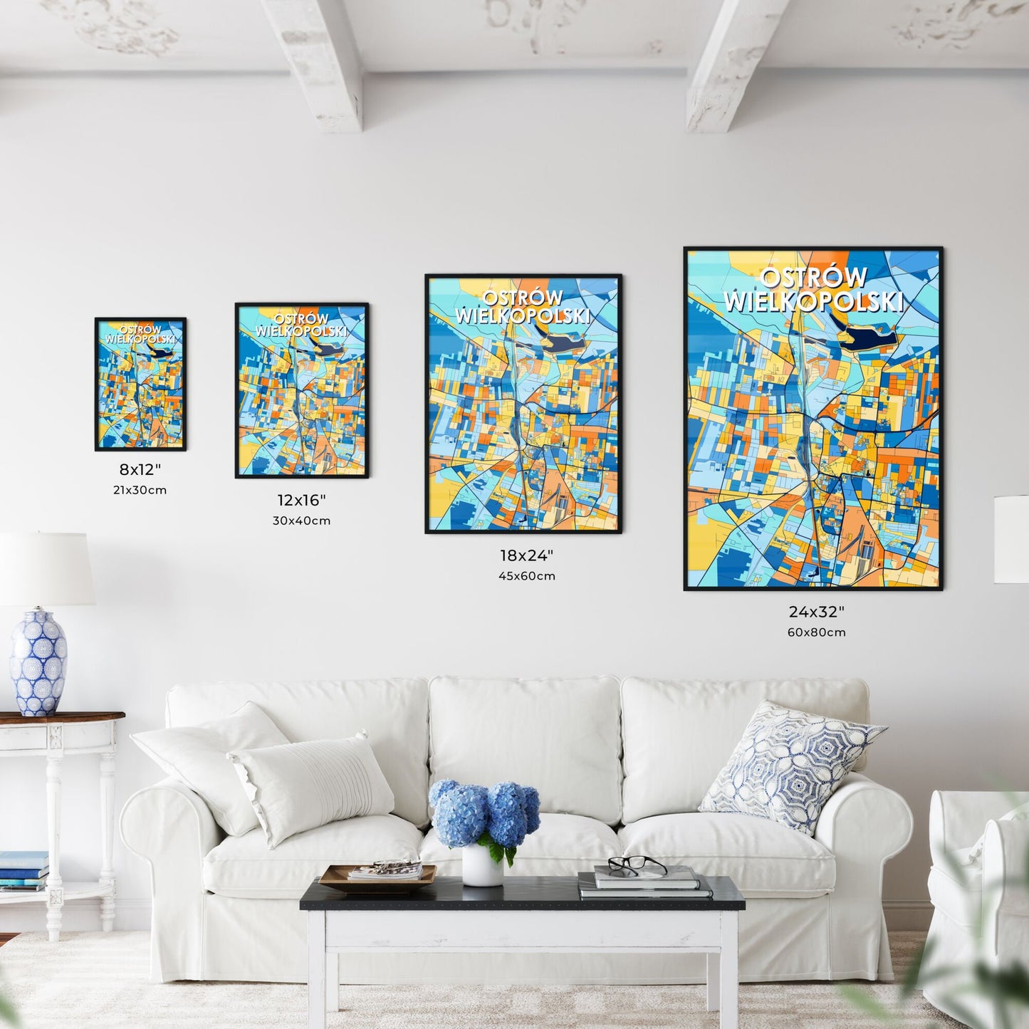 OSTRÓW WIELKOPOLSKI POLAND Vibrant Colorful Art Map Poster Blue Orange
