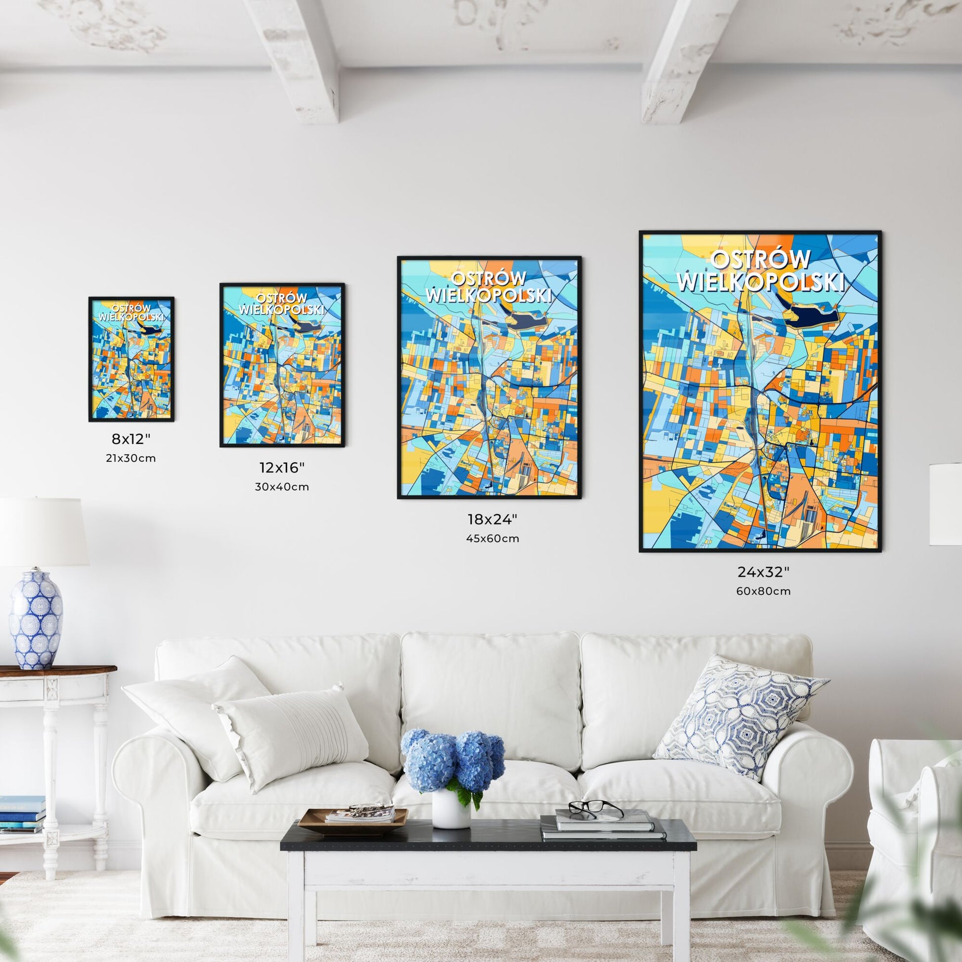 OSTRÓW WIELKOPOLSKI POLAND Vibrant Colorful Art Map Poster Blue Orange