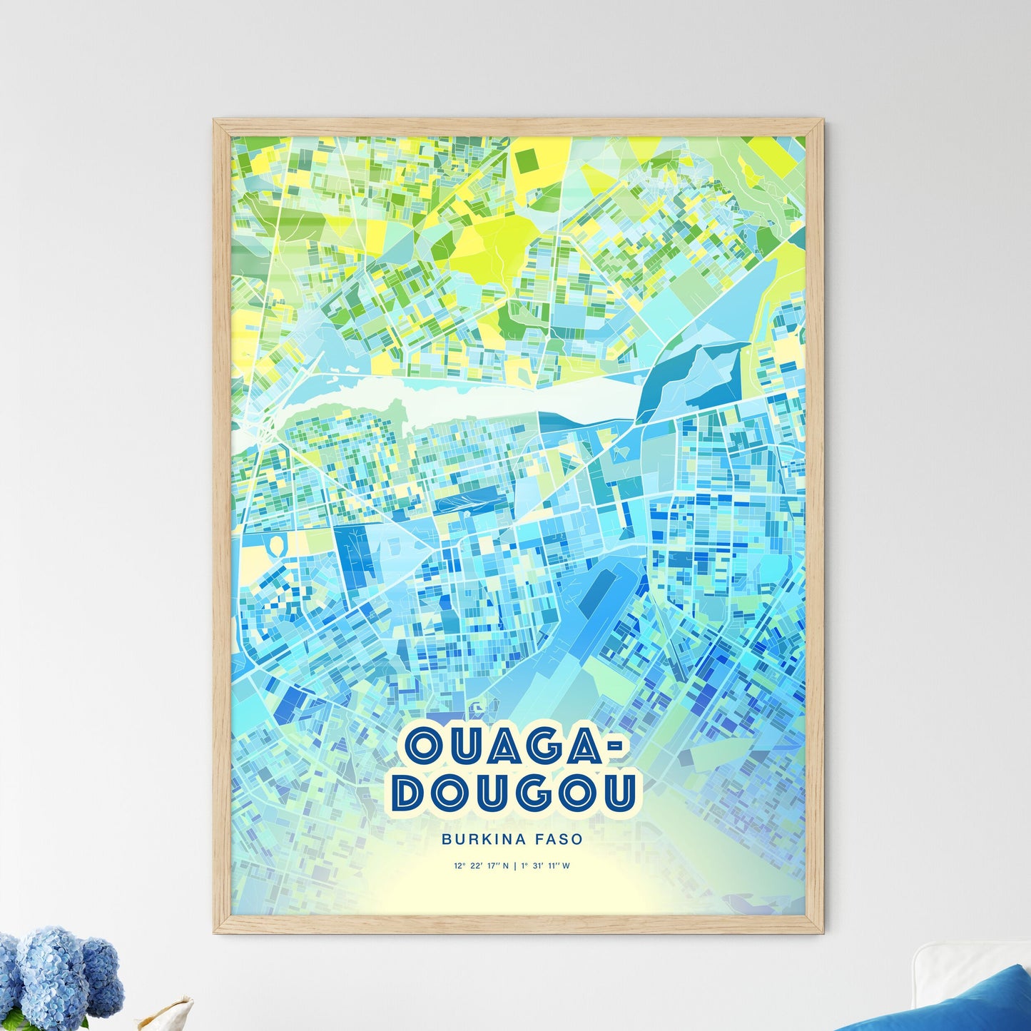 Colorful Ouagadougou Burkina Faso Fine Art Map Cool Blue