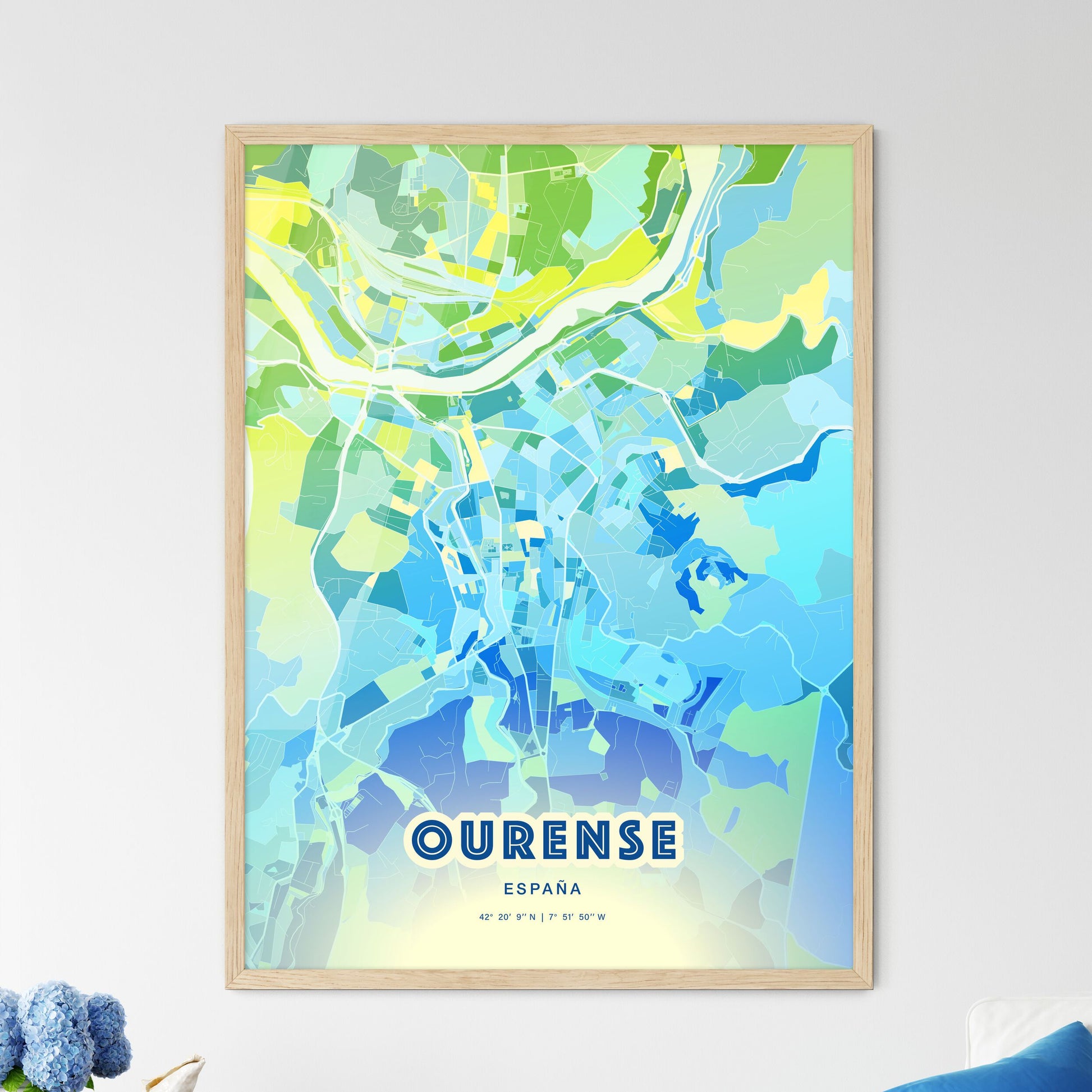 Colorful Ourense Spain Fine Art Map Cool Blue