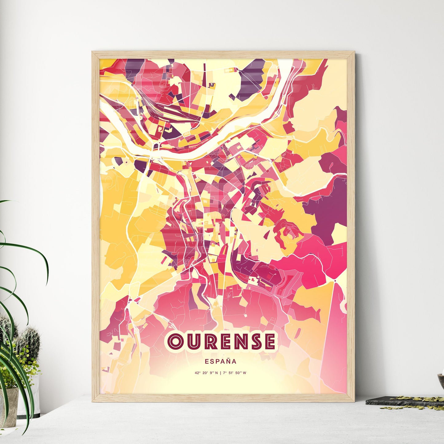 Colorful Ourense Spain Fine Art Map Hot Red