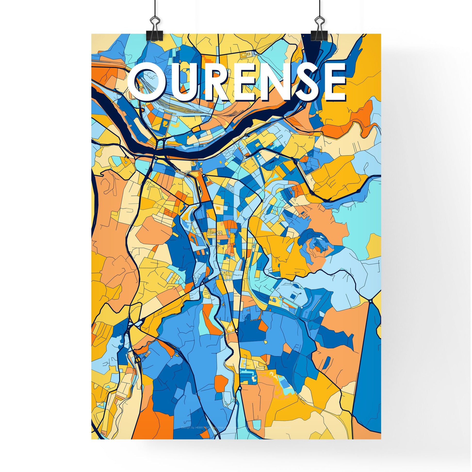 OURENSE SPAIN Vibrant Colorful Art Map Poster Blue Orange