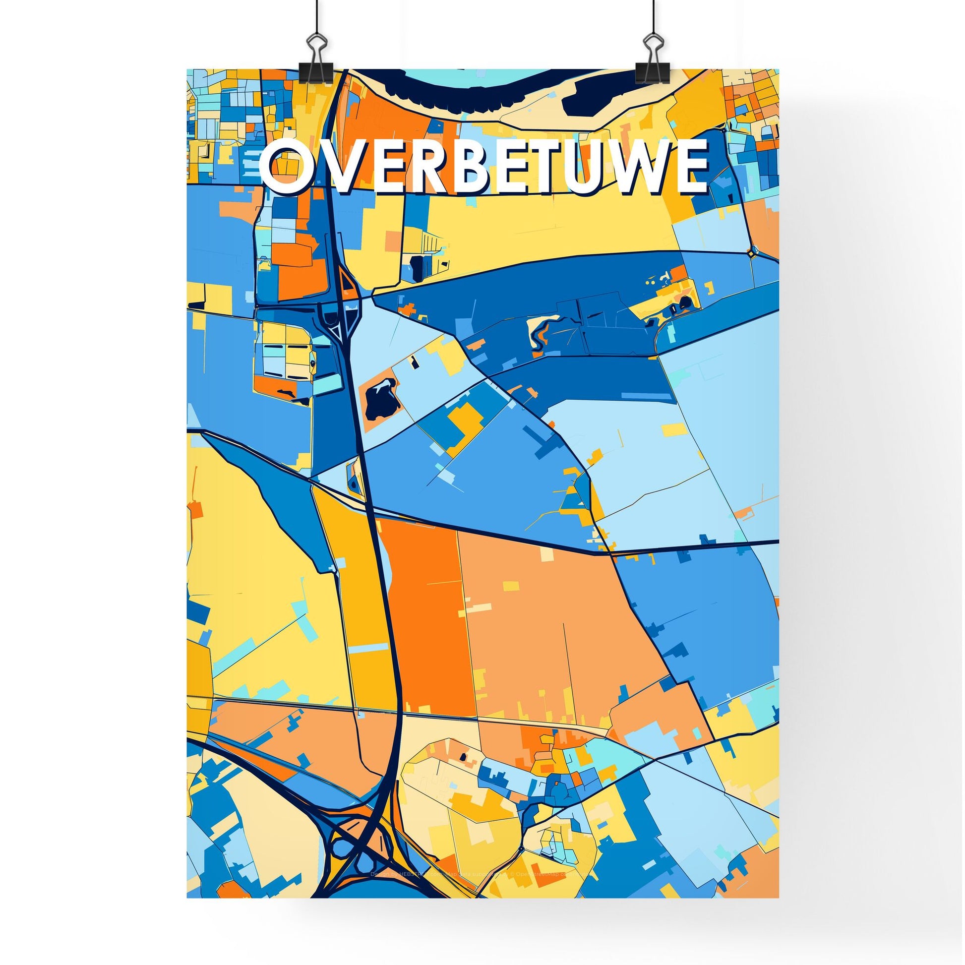 OVERBETUWE NETHERLANDS Vibrant Colorful Art Map Poster Blue Orange