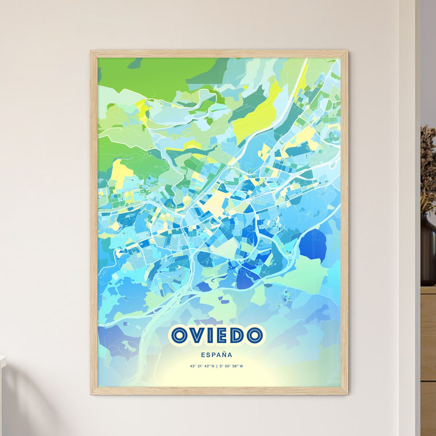 Colorful Oviedo Spain Fine Art Map Cool Blue
