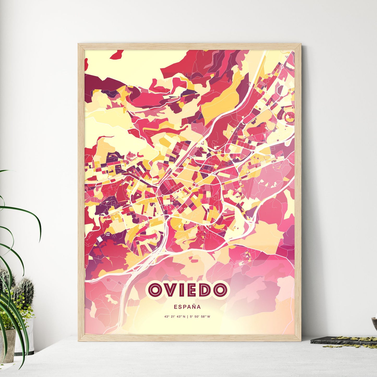 Colorful Oviedo Spain Fine Art Map Hot Red