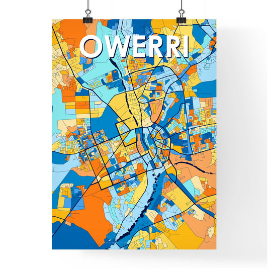 OWERRI NIGERIA Vibrant Colorful Art Map Poster Blue Orange
