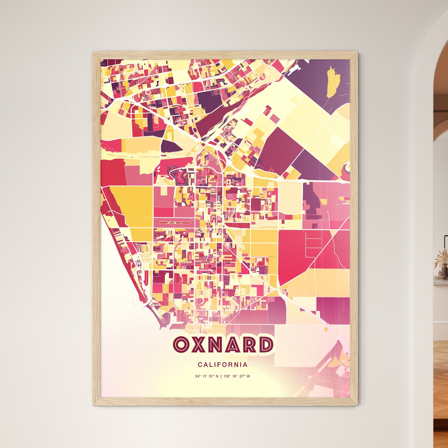 Colorful Oxnard California Fine Art Map Hot Red