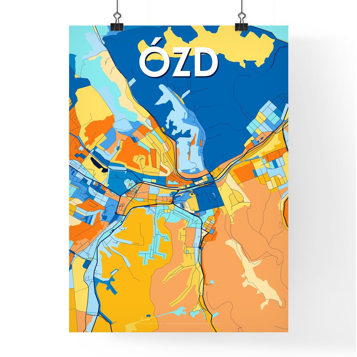 ÓZD HUNGARY Vibrant Colorful Art Map Poster Blue Orange