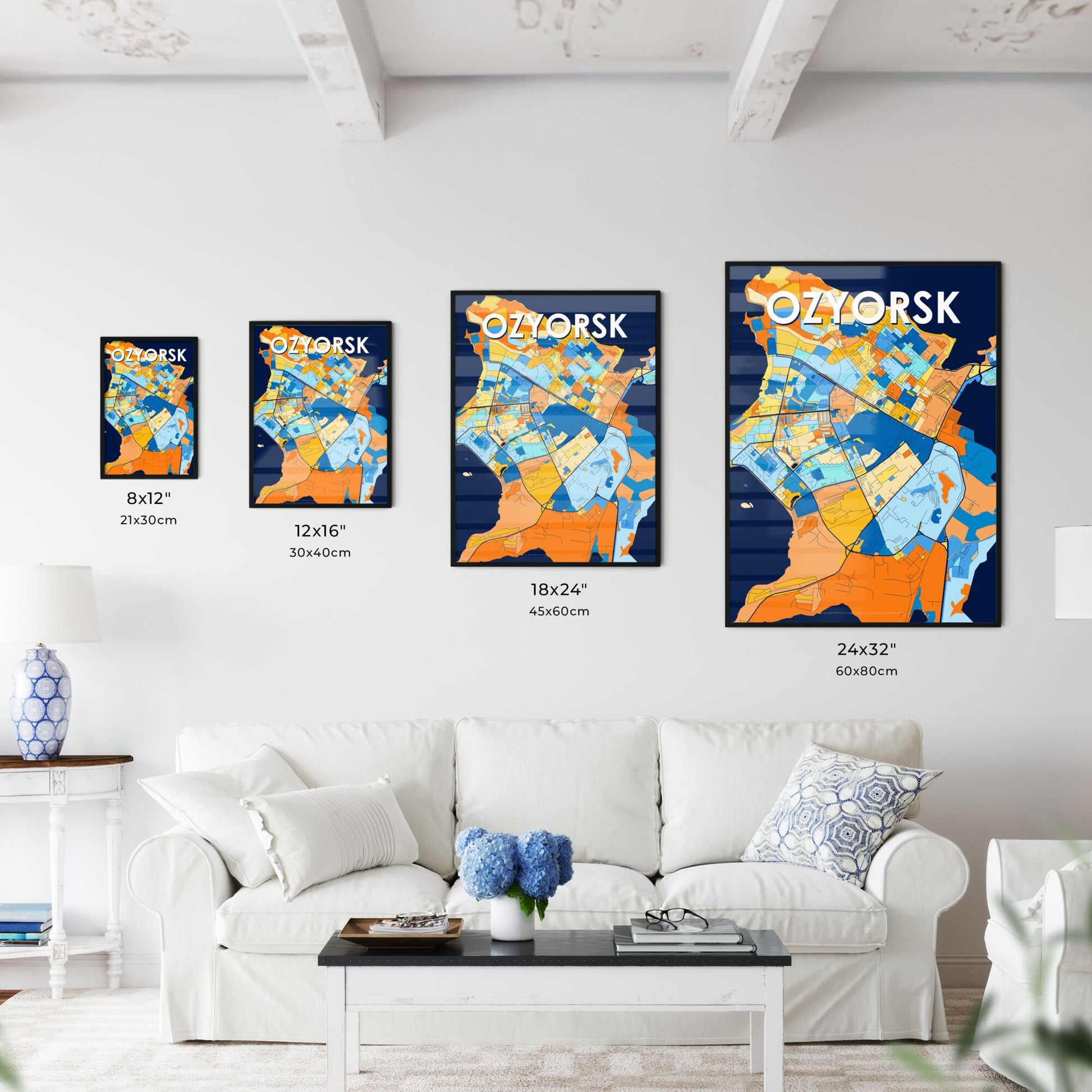 OZYORSK RUSSIA Vibrant Colorful Art Map Poster Blue Orange