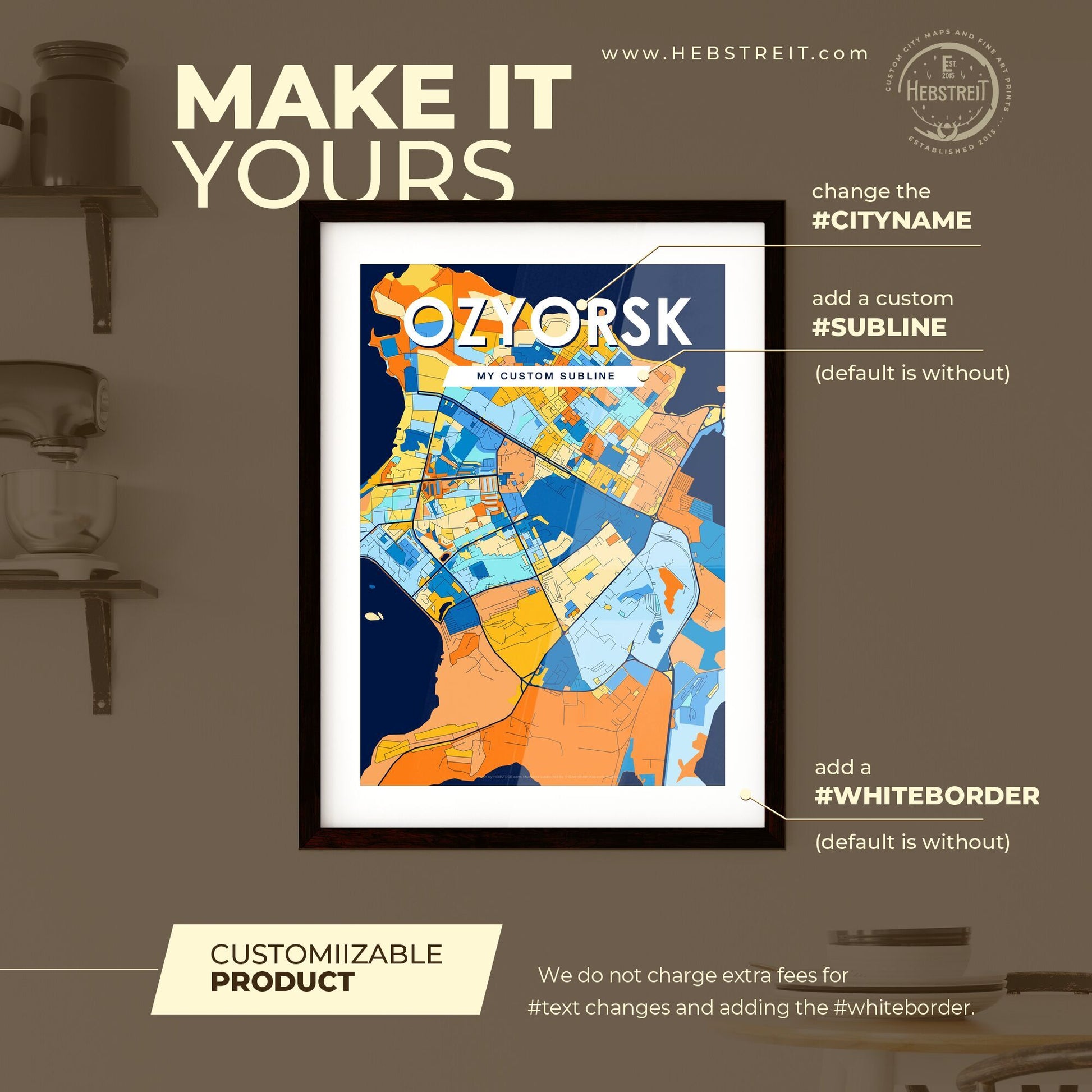 OZYORSK RUSSIA Vibrant Colorful Art Map Poster Blue Orange