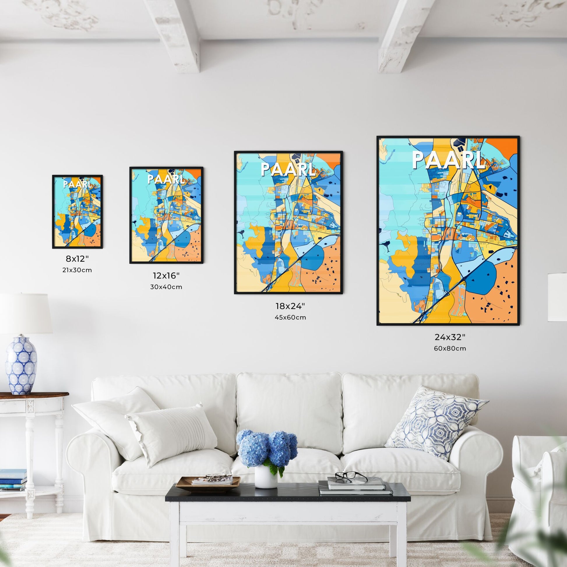 PAARL SOUTH AFRICA Vibrant Colorful Art Map Poster Blue Orange