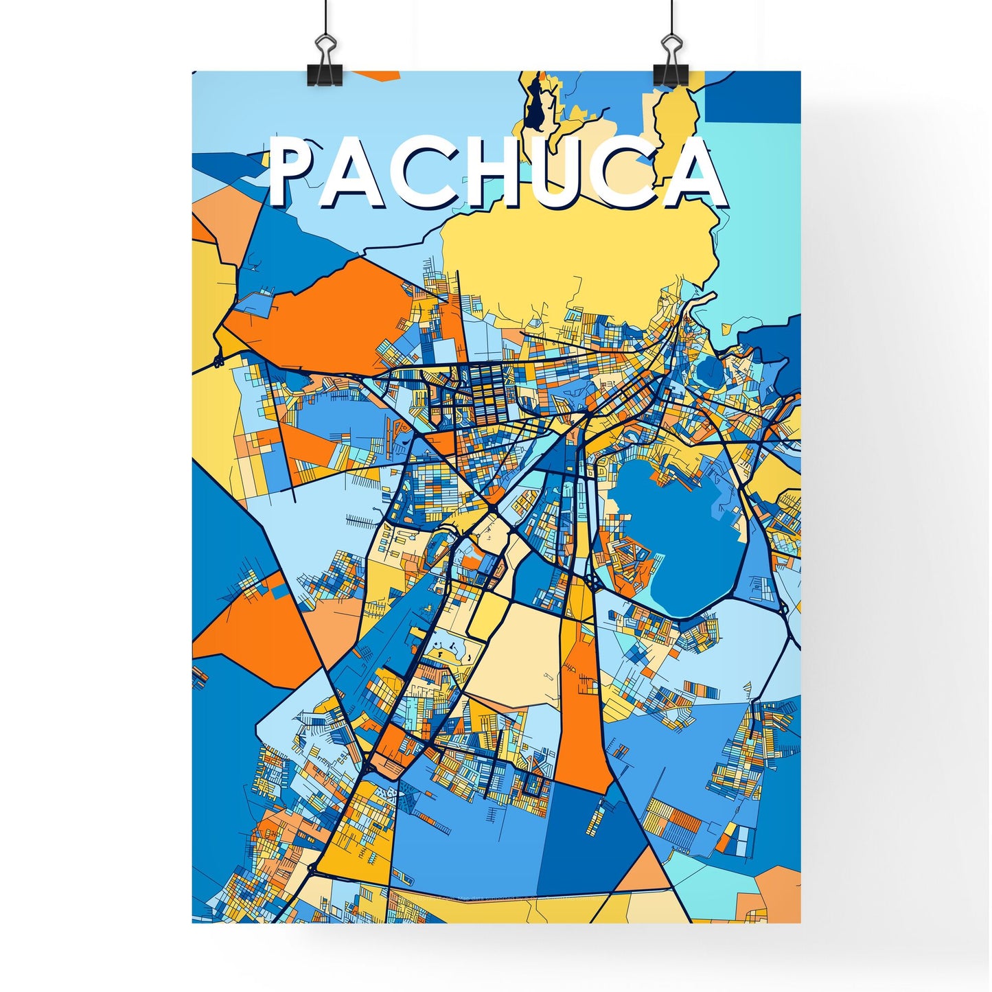 PACHUCA MEXICO Vibrant Colorful Art Map Poster Blue Orange