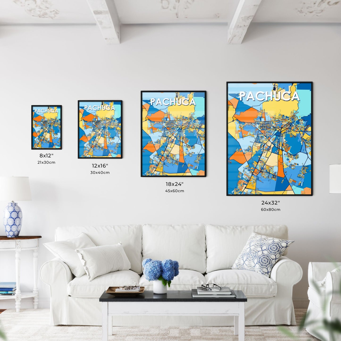 PACHUCA MEXICO Vibrant Colorful Art Map Poster Blue Orange