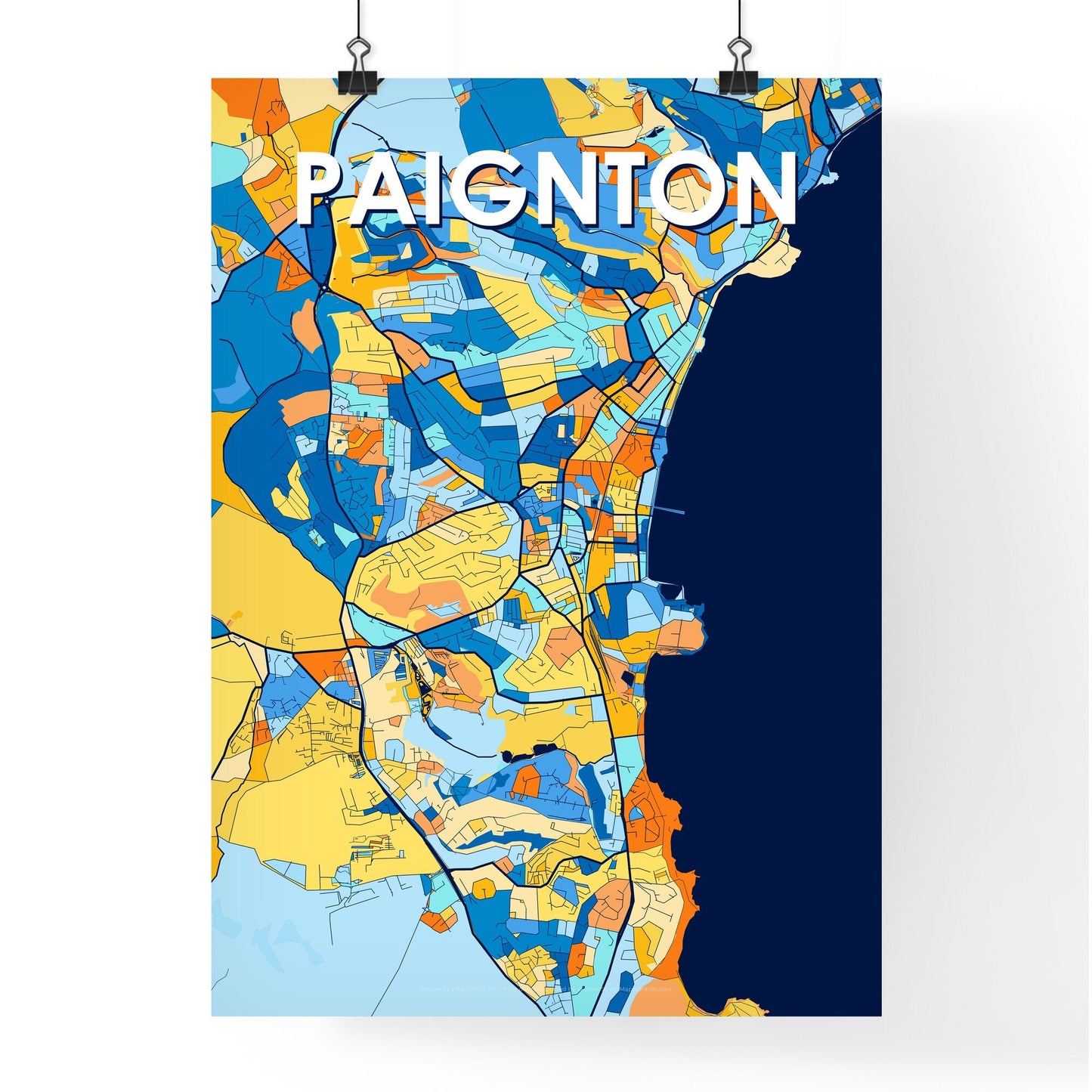 PAIGNTON ENGLAND Vibrant Colorful Art Map Poster Blue Orange