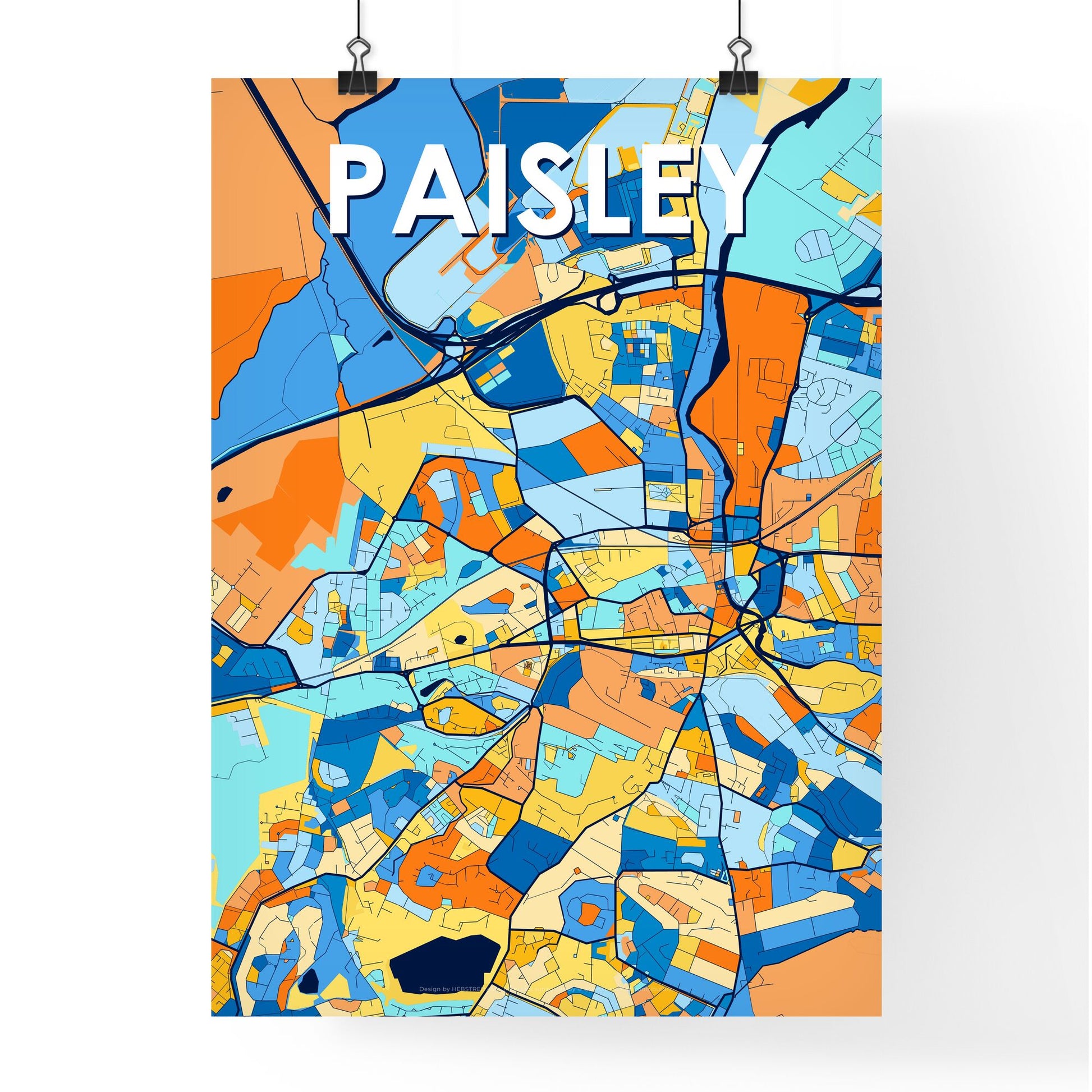 PAISLEY SCOTLAND Vibrant Colorful Art Map Poster Blue Orange