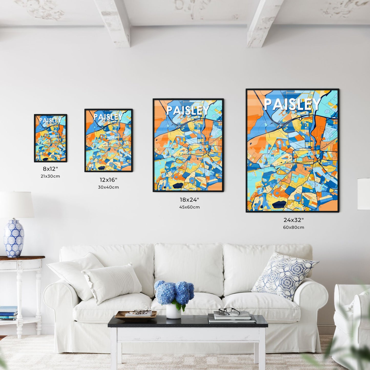 PAISLEY SCOTLAND Vibrant Colorful Art Map Poster Blue Orange