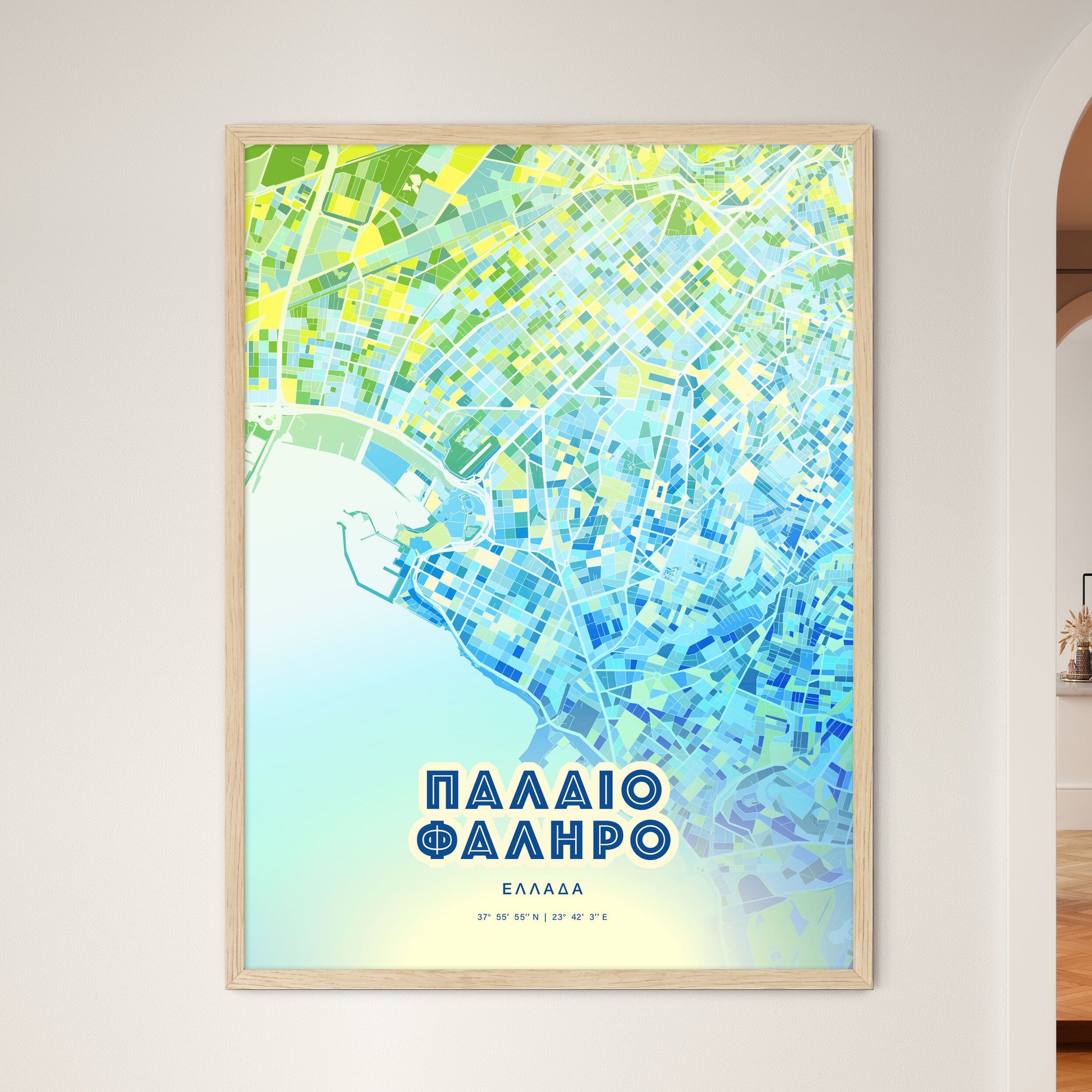 Colorful Palaio Faliro Greece Fine Art Map Cool Blue