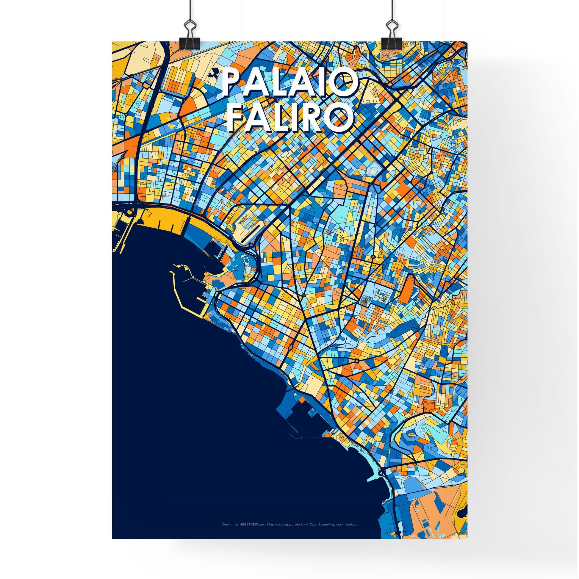 PALAIO FALIRO GREECE Vibrant Colorful Art Map Poster Blue Orange