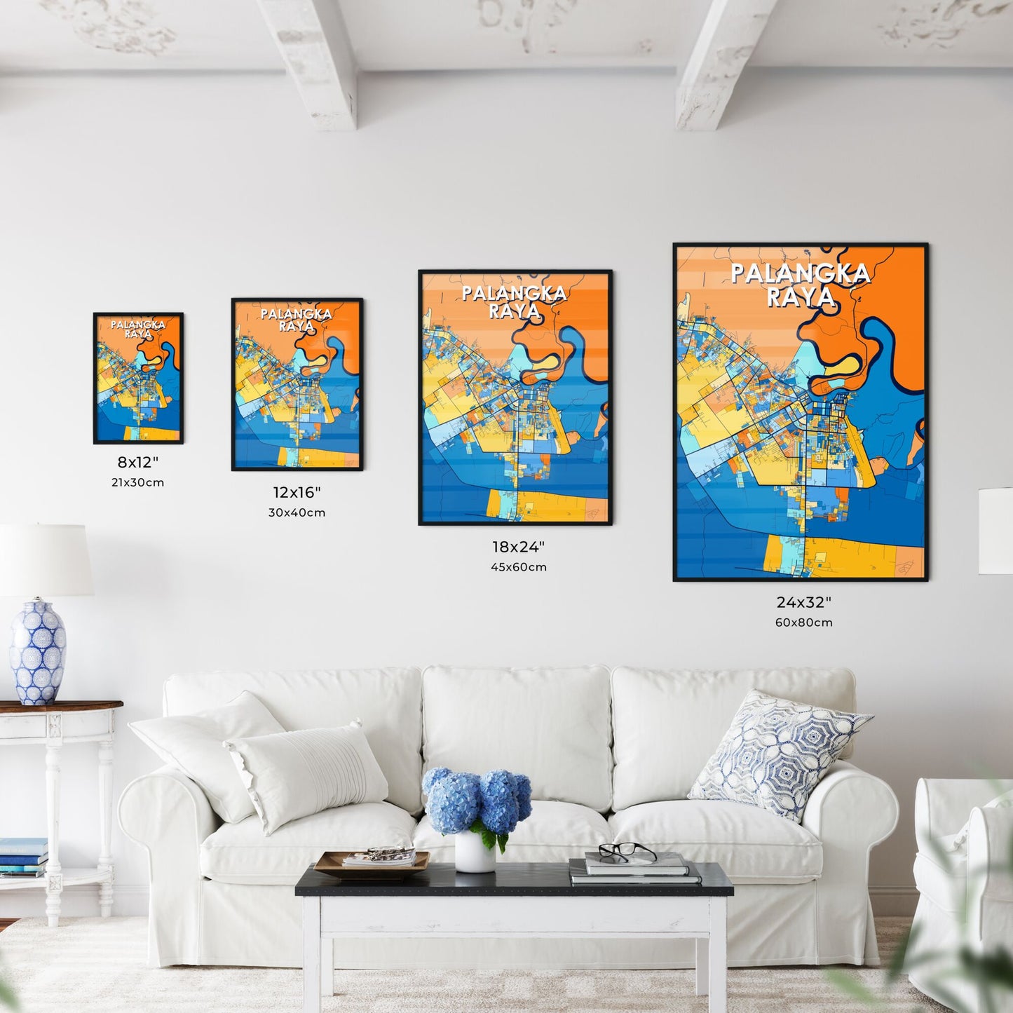 PALANGKA RAYA INDONESIA Vibrant Colorful Art Map Poster Blue Orange