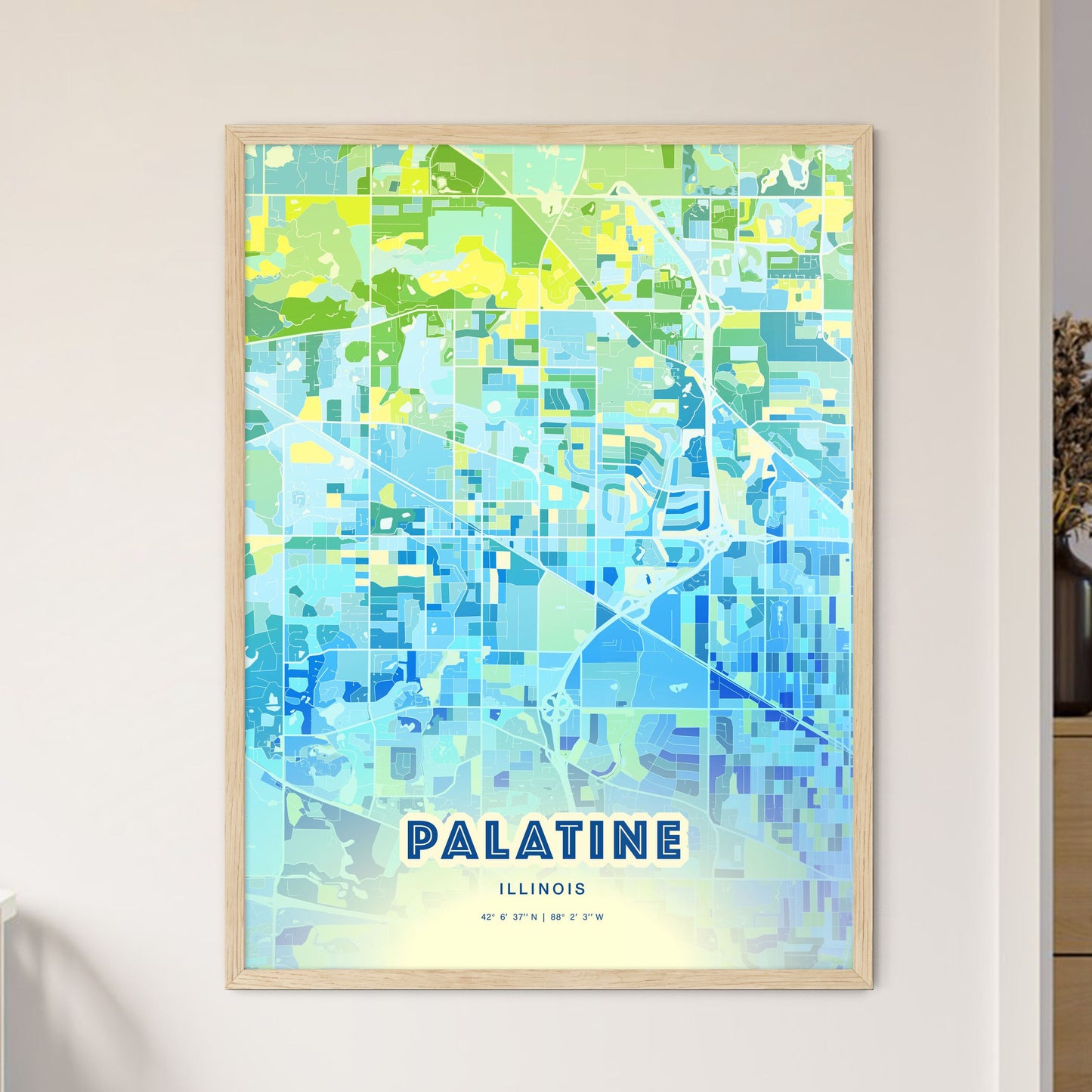 Colorful Palatine Illinois Fine Art Map Cool Blue