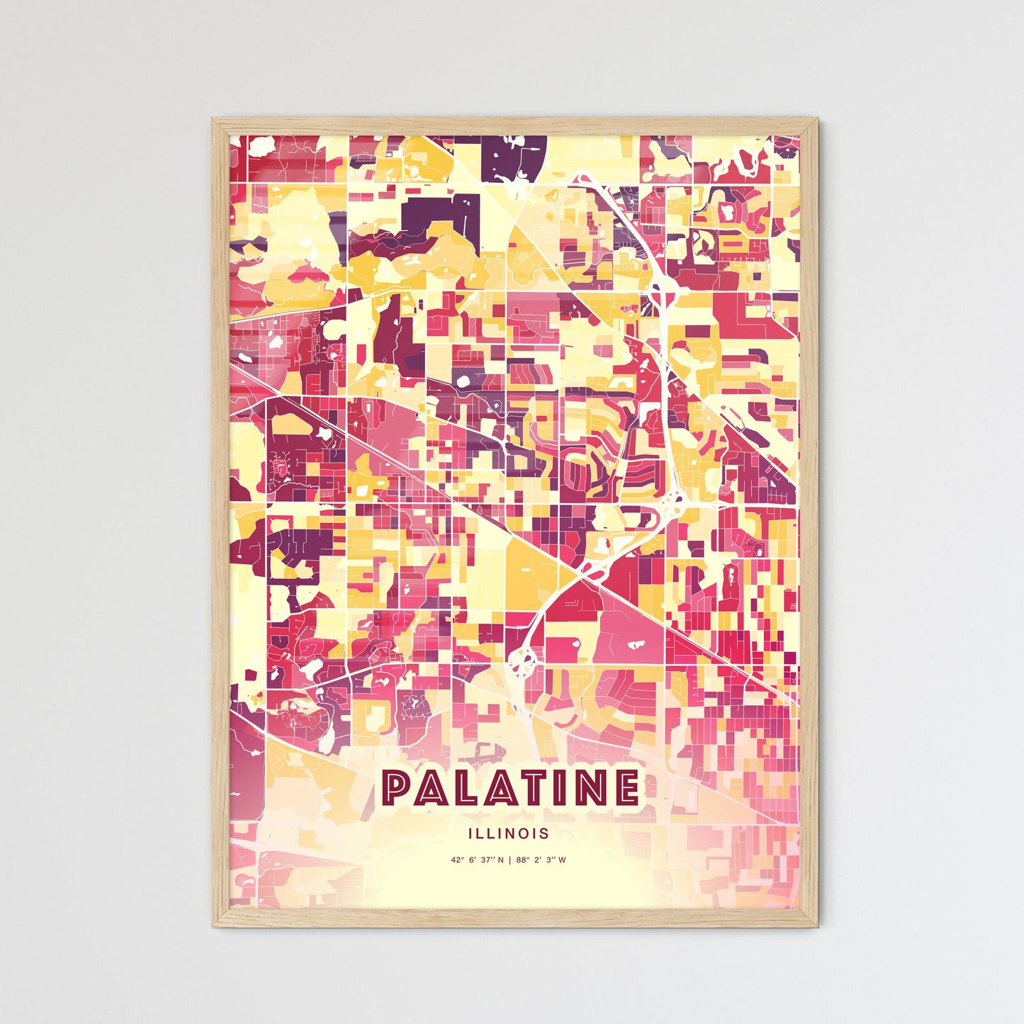 Colorful Palatine Illinois Fine Art Map Hot Red