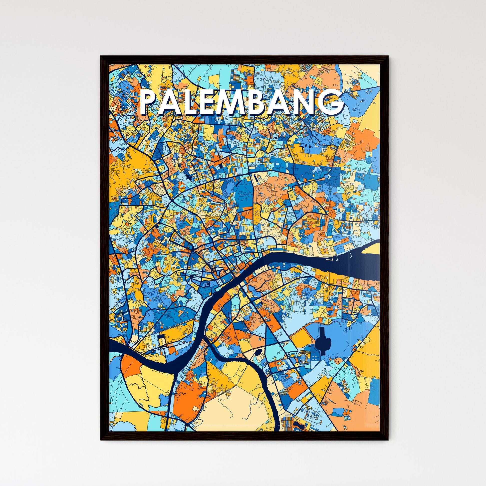 PALEMBANG INDONESIA Vibrant Colorful Art Map Poster Blue Orange