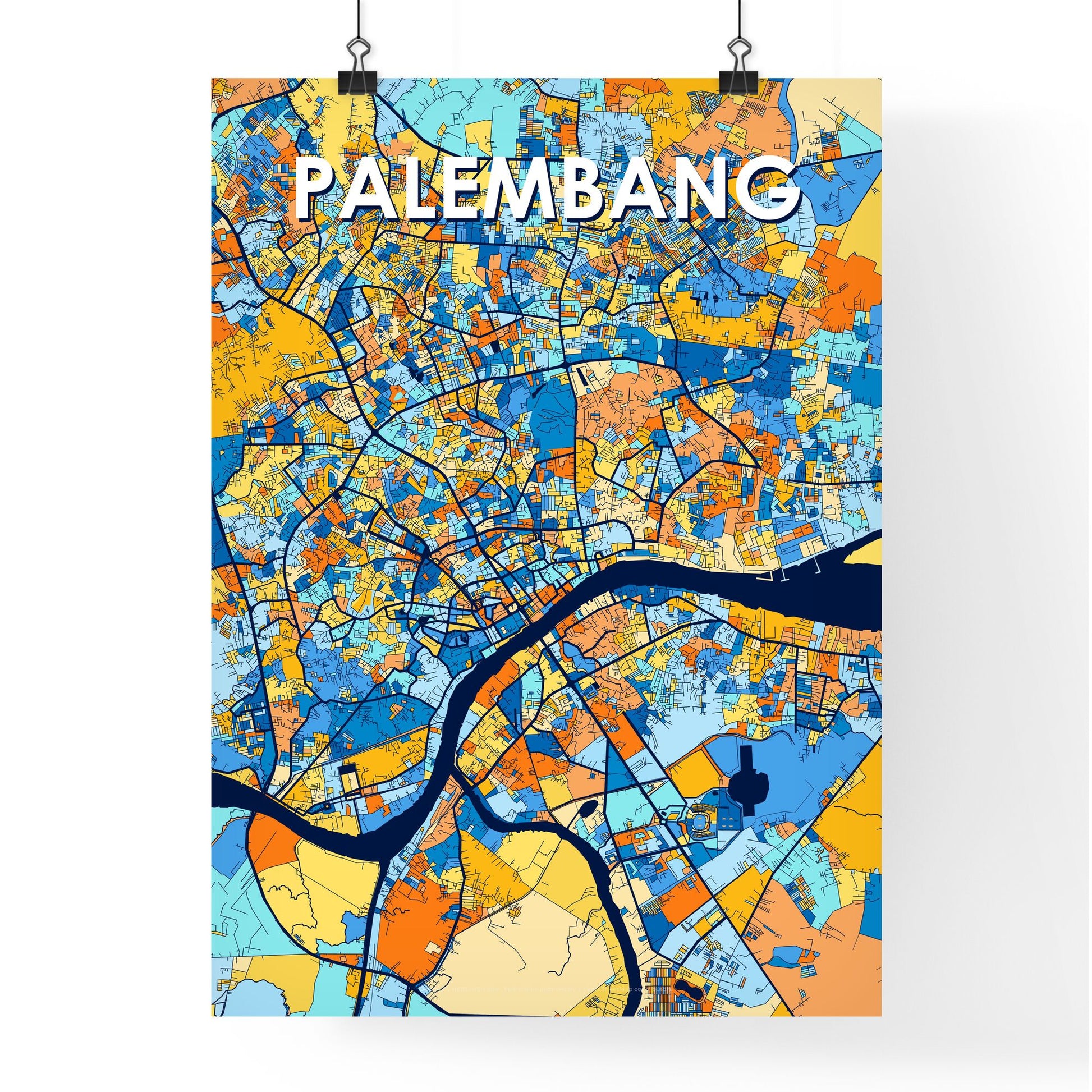 PALEMBANG INDONESIA Vibrant Colorful Art Map Poster Blue Orange