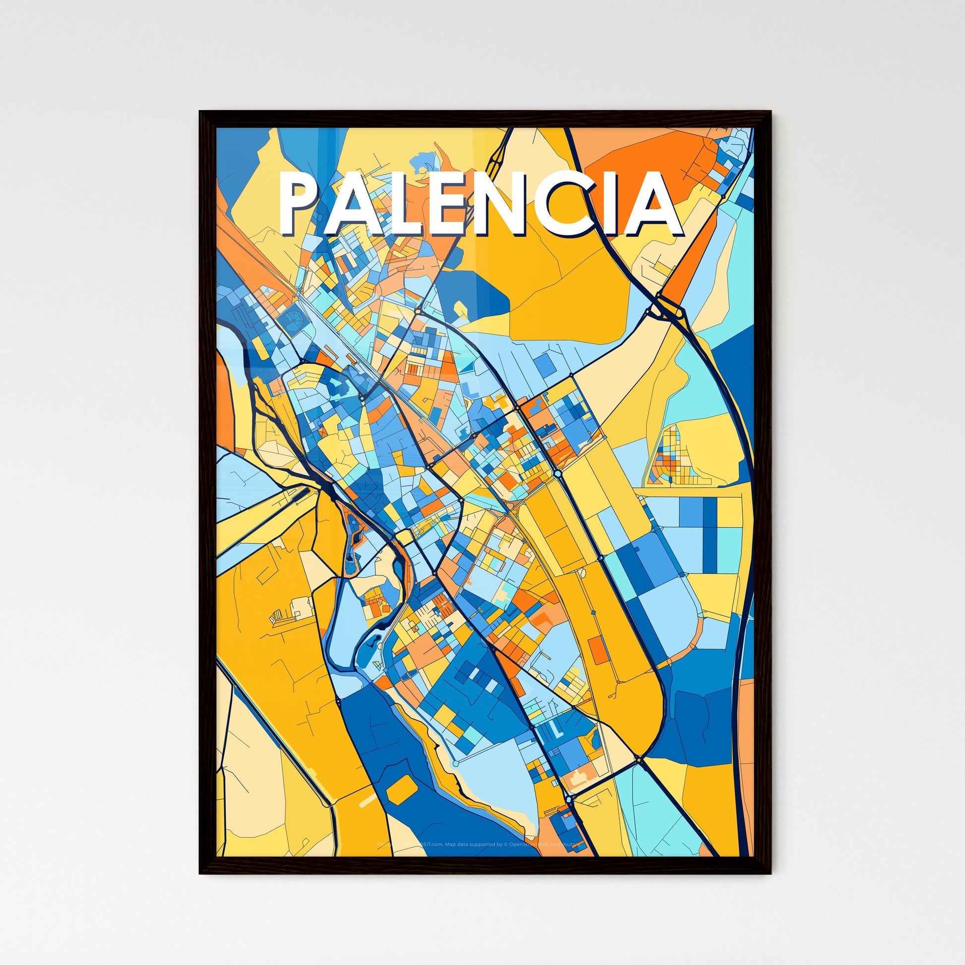 PALENCIA SPAIN Vibrant Colorful Art Map Poster Blue Orange