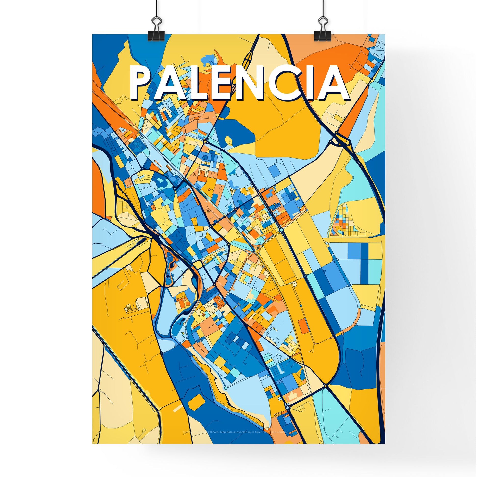 PALENCIA SPAIN Vibrant Colorful Art Map Poster Blue Orange