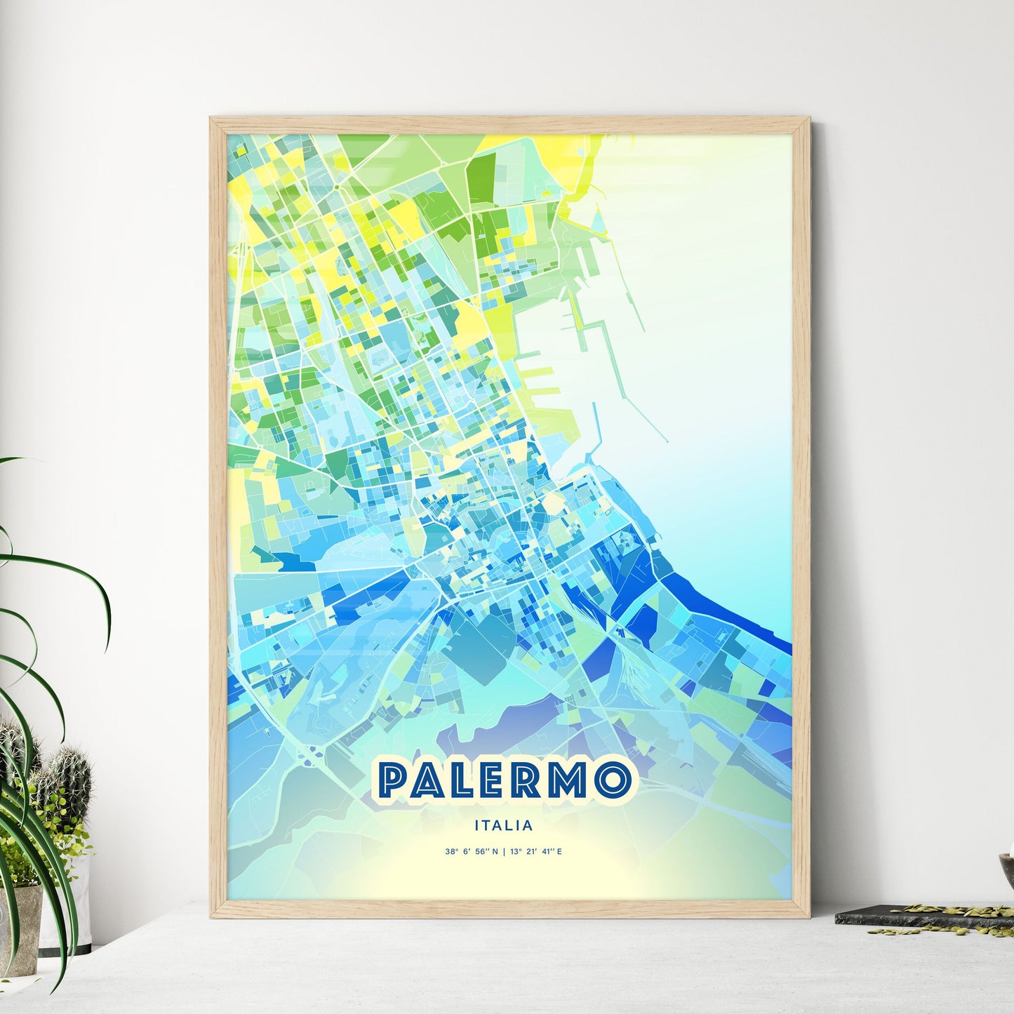 Colorful Palermo Italy Fine Art Map Cool Blue