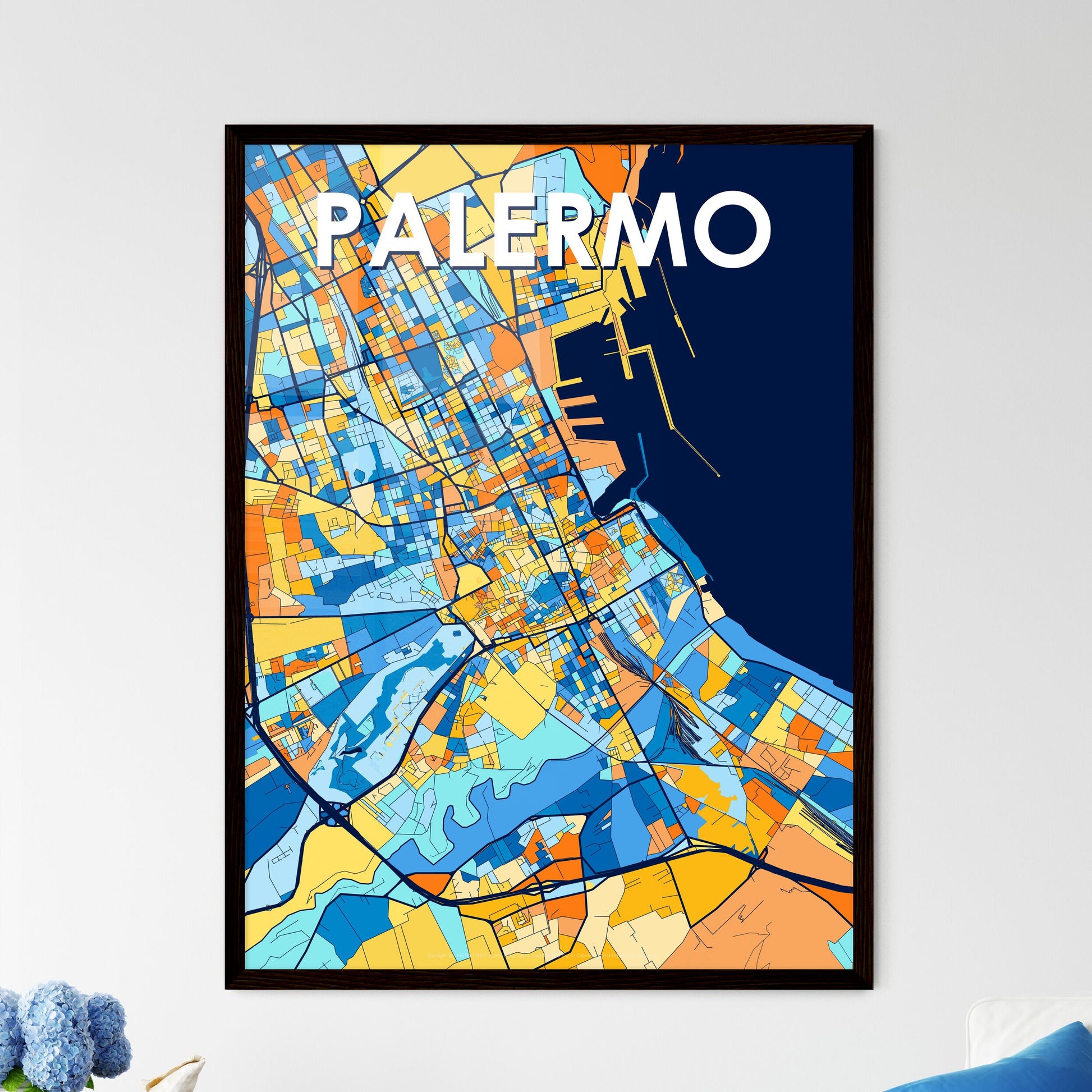 PALERMO ITALY Vibrant Colorful Art Map Poster Blue Orange