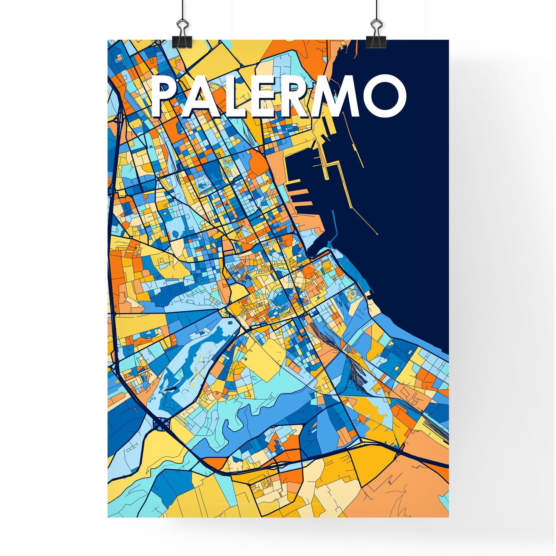 PALERMO ITALY Vibrant Colorful Art Map Poster Blue Orange