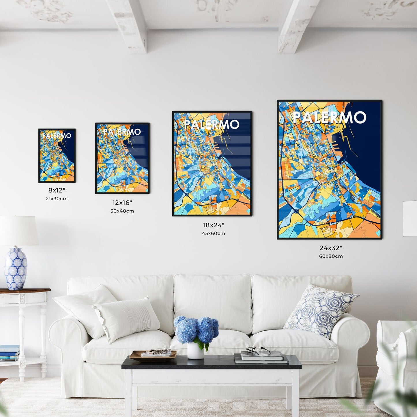 PALERMO ITALY Vibrant Colorful Art Map Poster Blue Orange