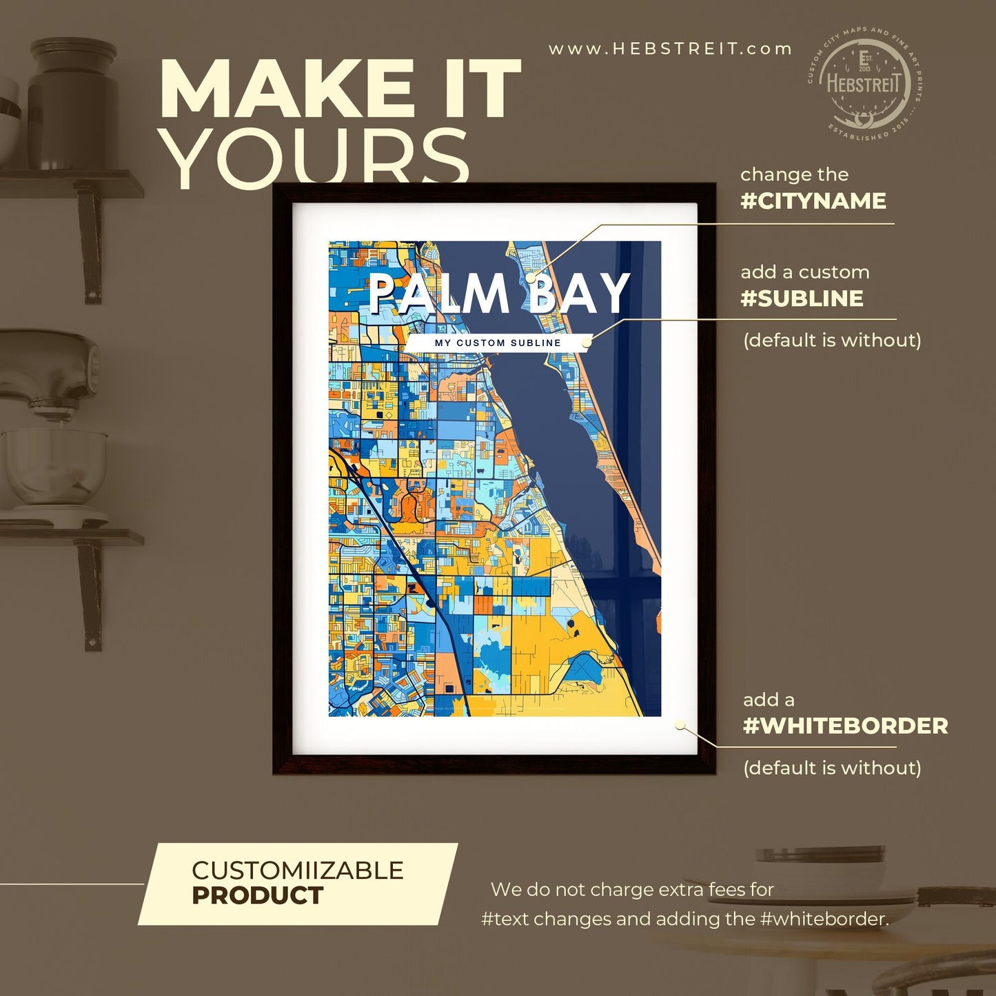 PALM BAY FLORIDA Vibrant Colorful Art Map Poster Blue Orange