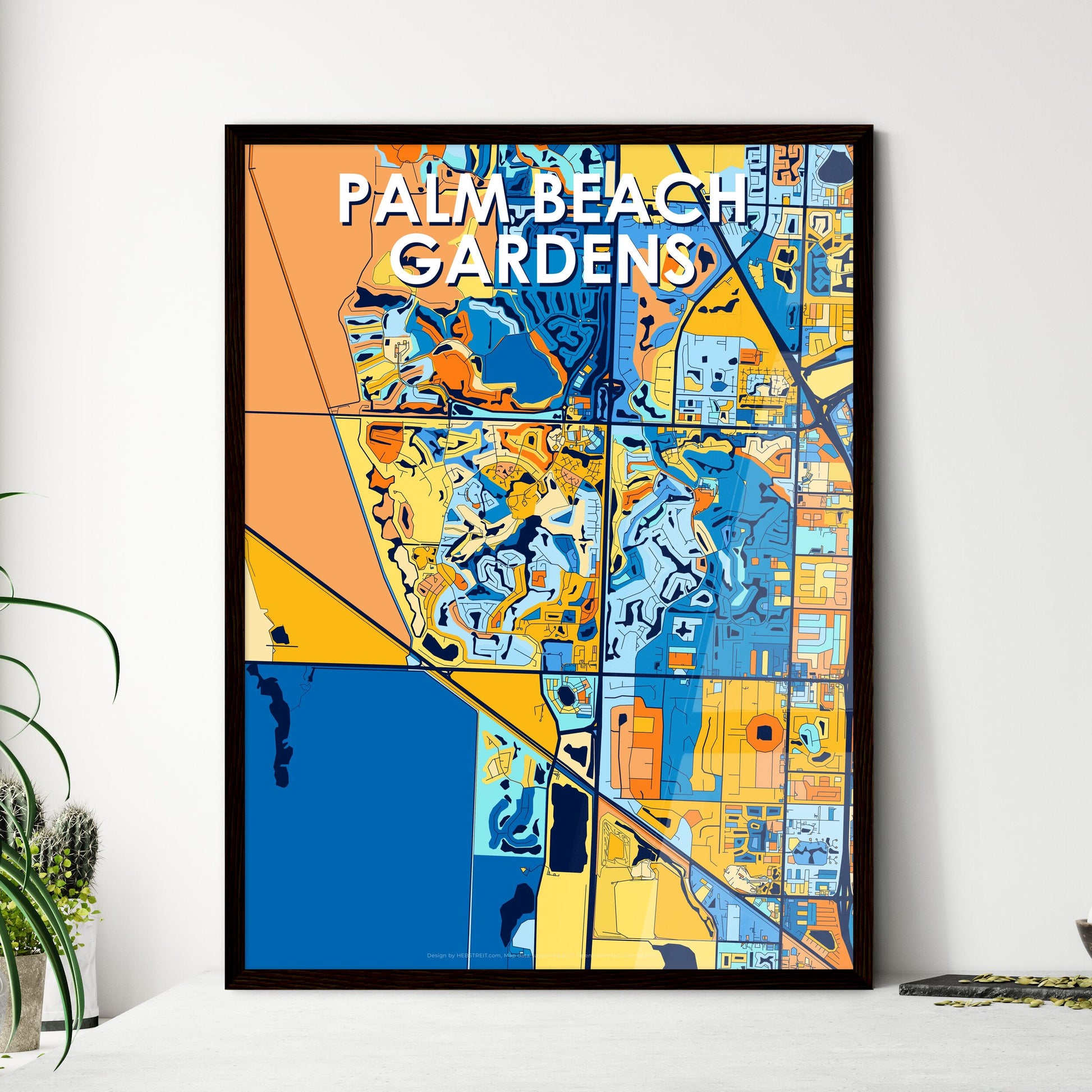 PALM BEACH GARDENS FLORIDA Vibrant Colorful Art Map Poster Blue Orange