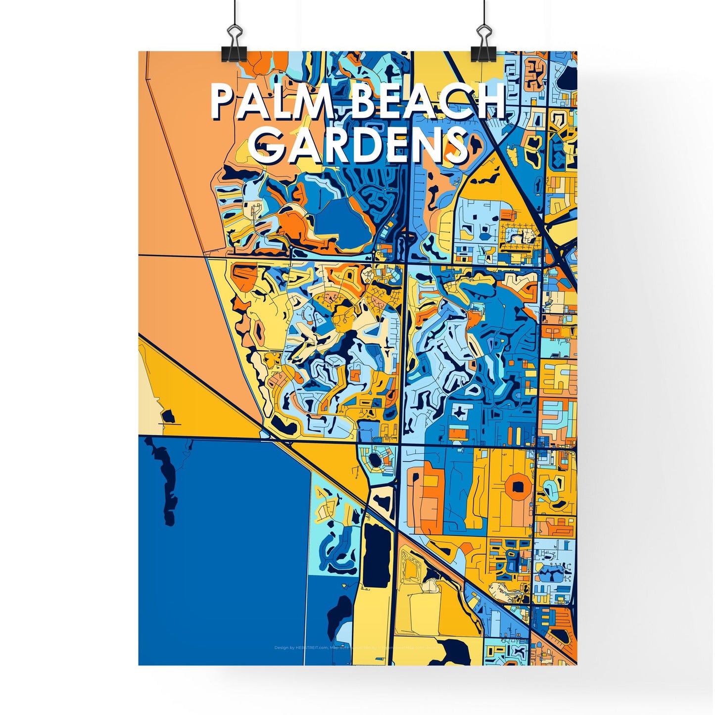 PALM BEACH GARDENS FLORIDA Vibrant Colorful Art Map Poster Blue Orange