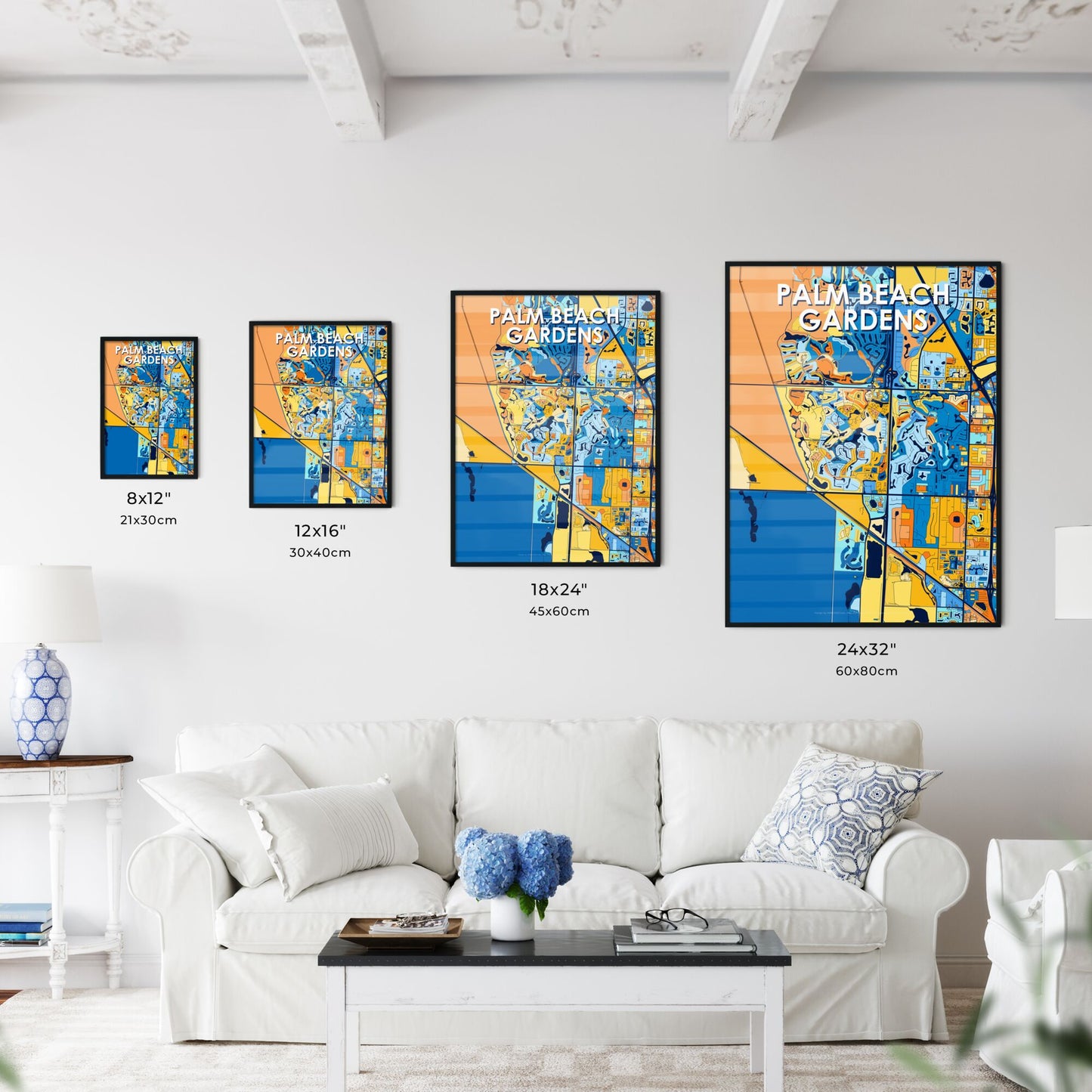 PALM BEACH GARDENS FLORIDA Vibrant Colorful Art Map Poster Blue Orange