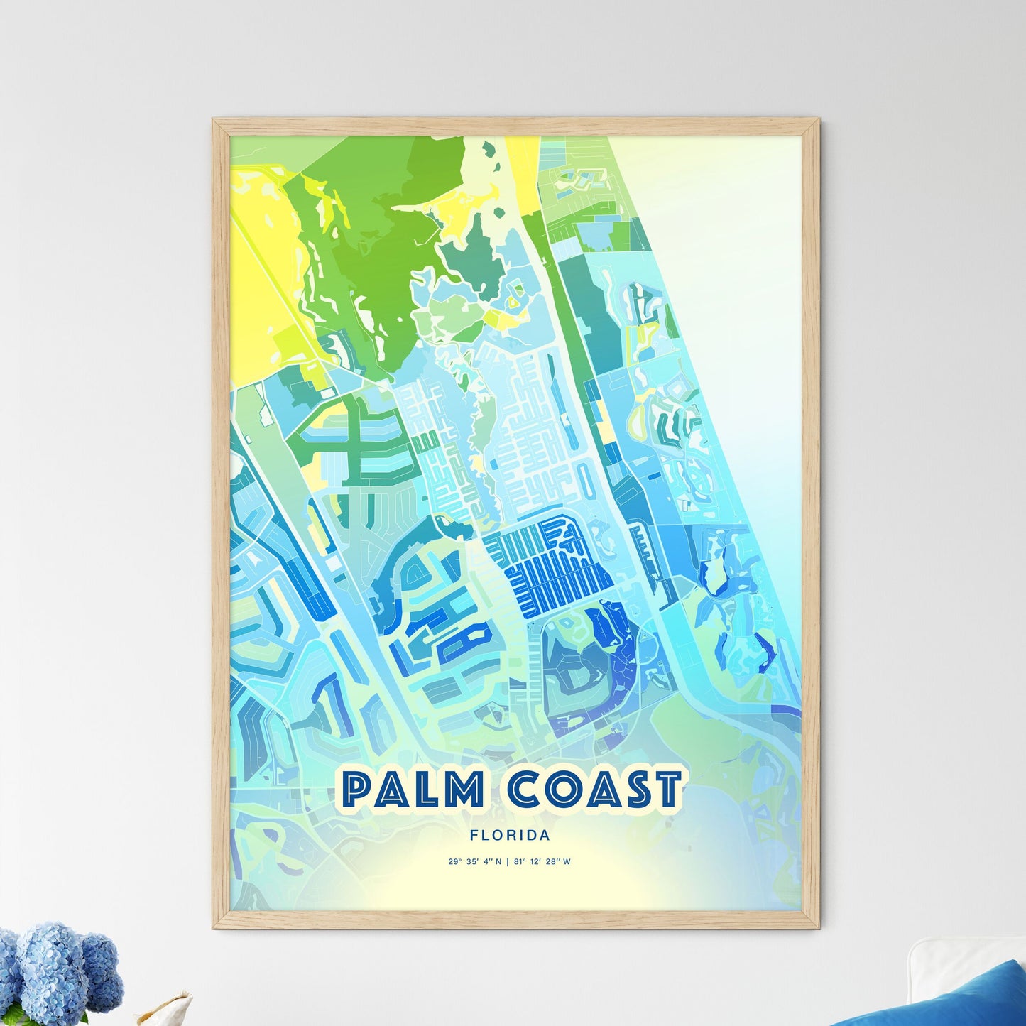 Colorful Palm Coast Florida Fine Art Map Cool Blue