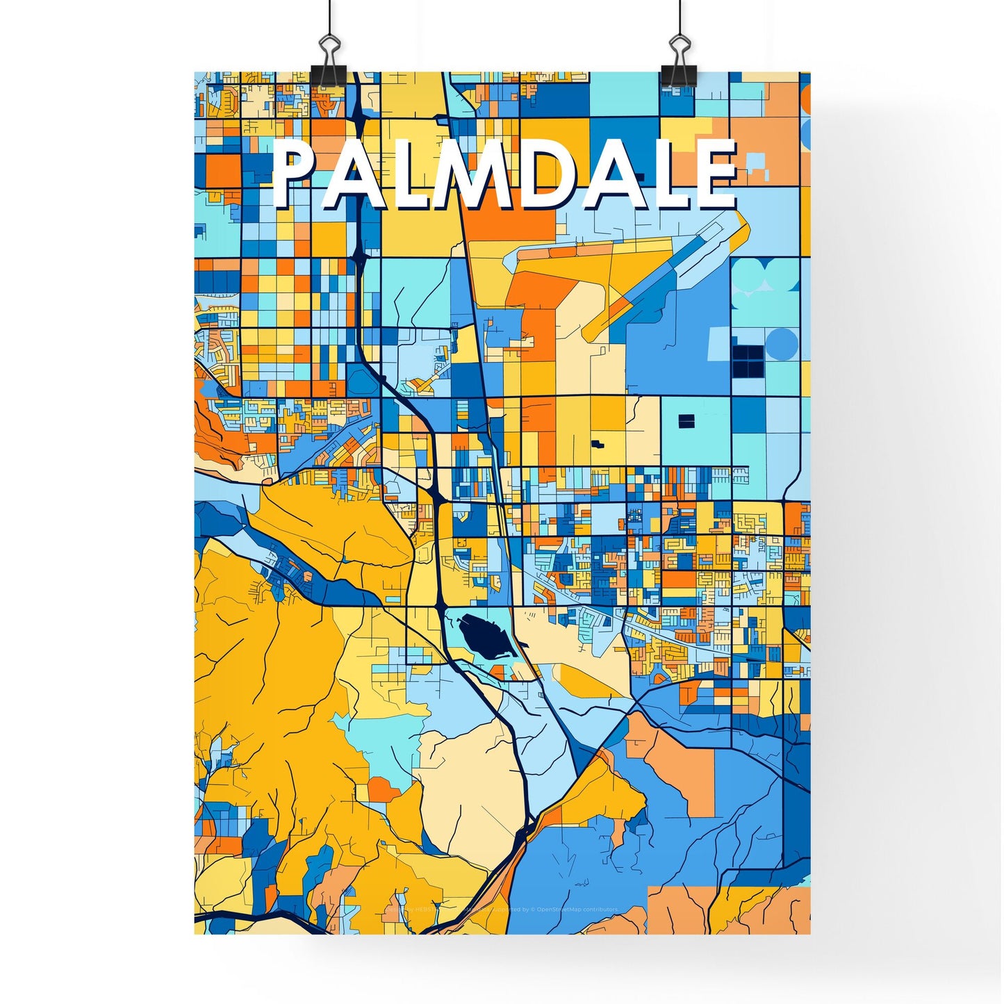 PALMDALE CALIFORNIA Vibrant Colorful Art Map Poster Blue Orange